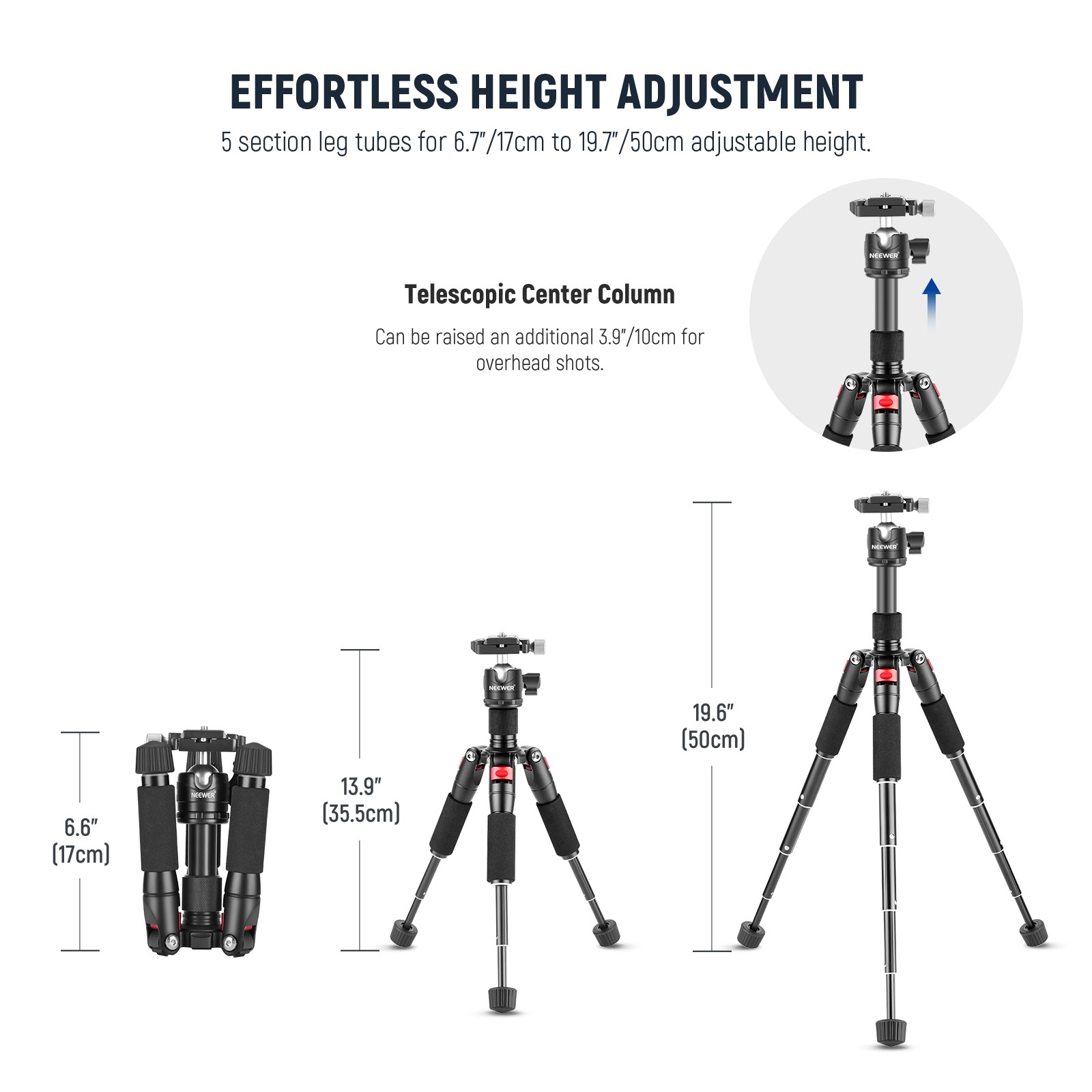 NEEWER TP-AAM521D 20″ Mini Tripod w/Ball Head, 11lb Load