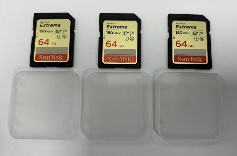 Lot of 3 SanDisk Extreme 64GB SDXC SD Cards High Speed 150MB/s Class 10 U3 V30
