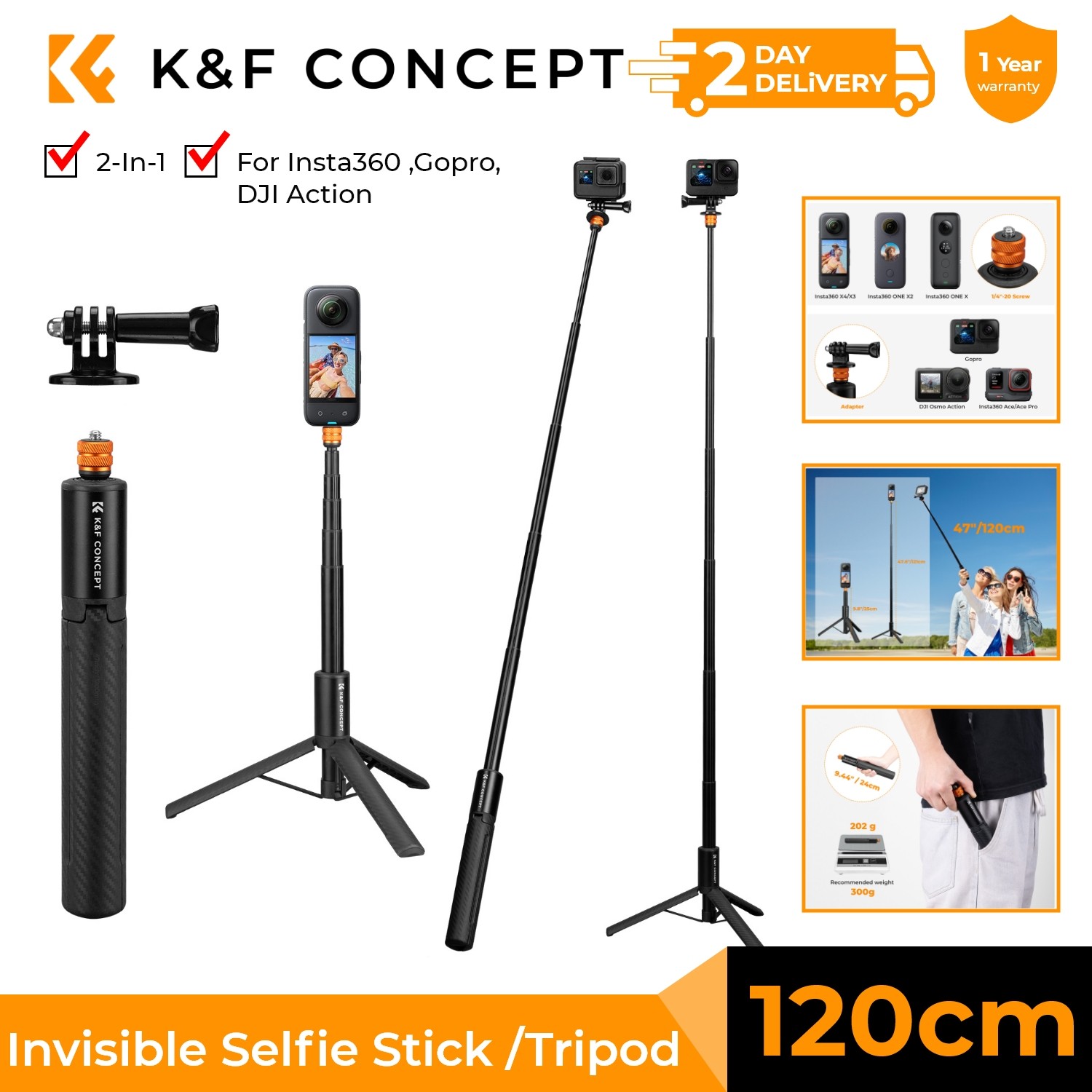 K&F Concept Invisible Selfie Stick Extension Long Pole for Insta360 GoPro DJI