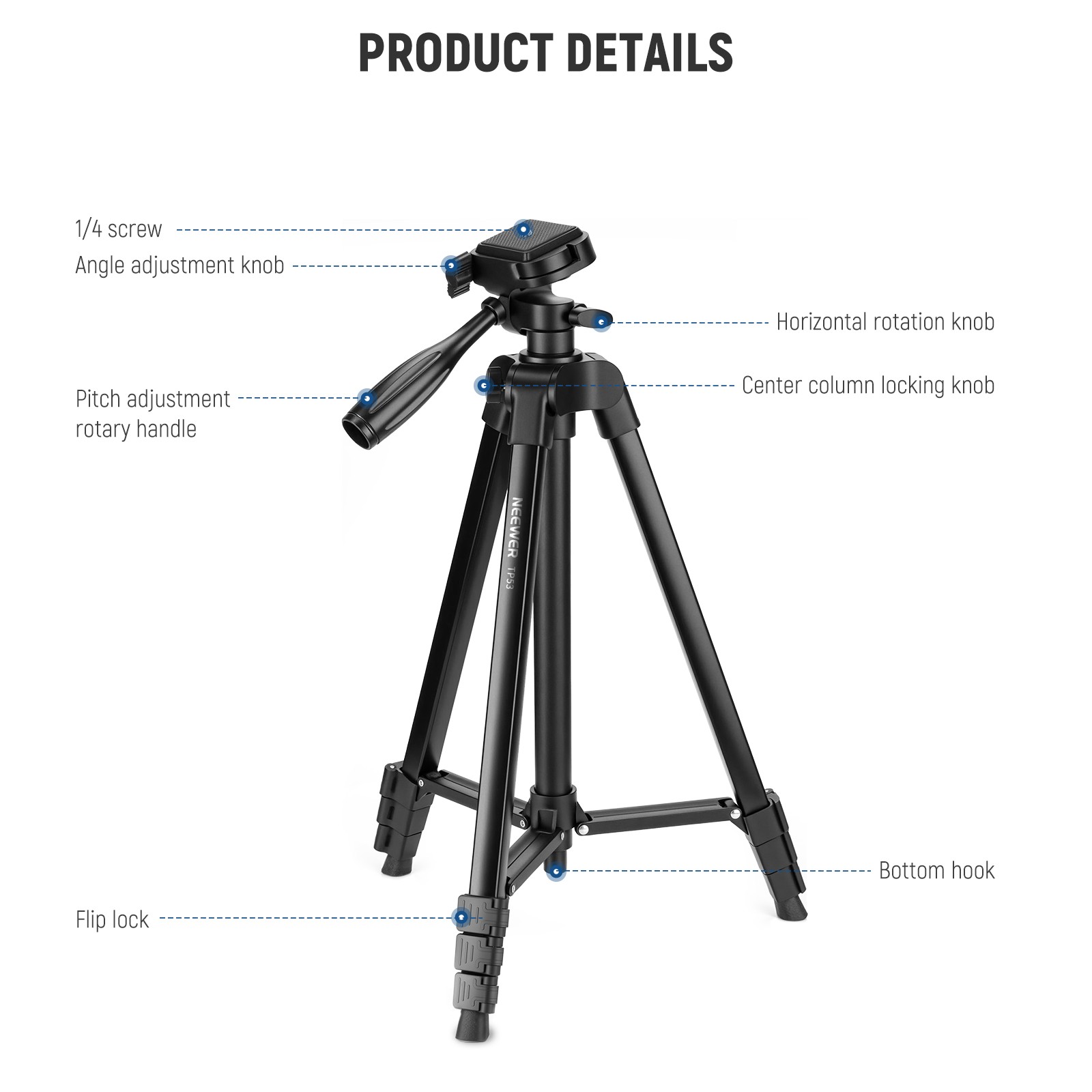 NEEWER TP53D Phone & Camera Tripod w/Cold Shoe, Lightweight