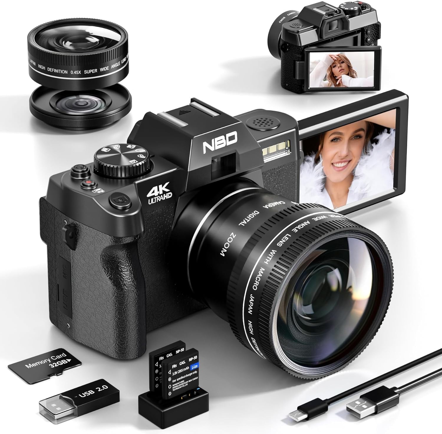 NBD Digital Cameras 4K 16X 48MP Compact Camcorder AntiShake 32GB TF For Vlogging