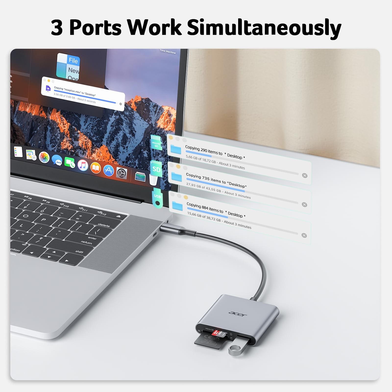 Acer SD Card Reader USB C, 3 in 1 Memory with Dual Slots & Grey