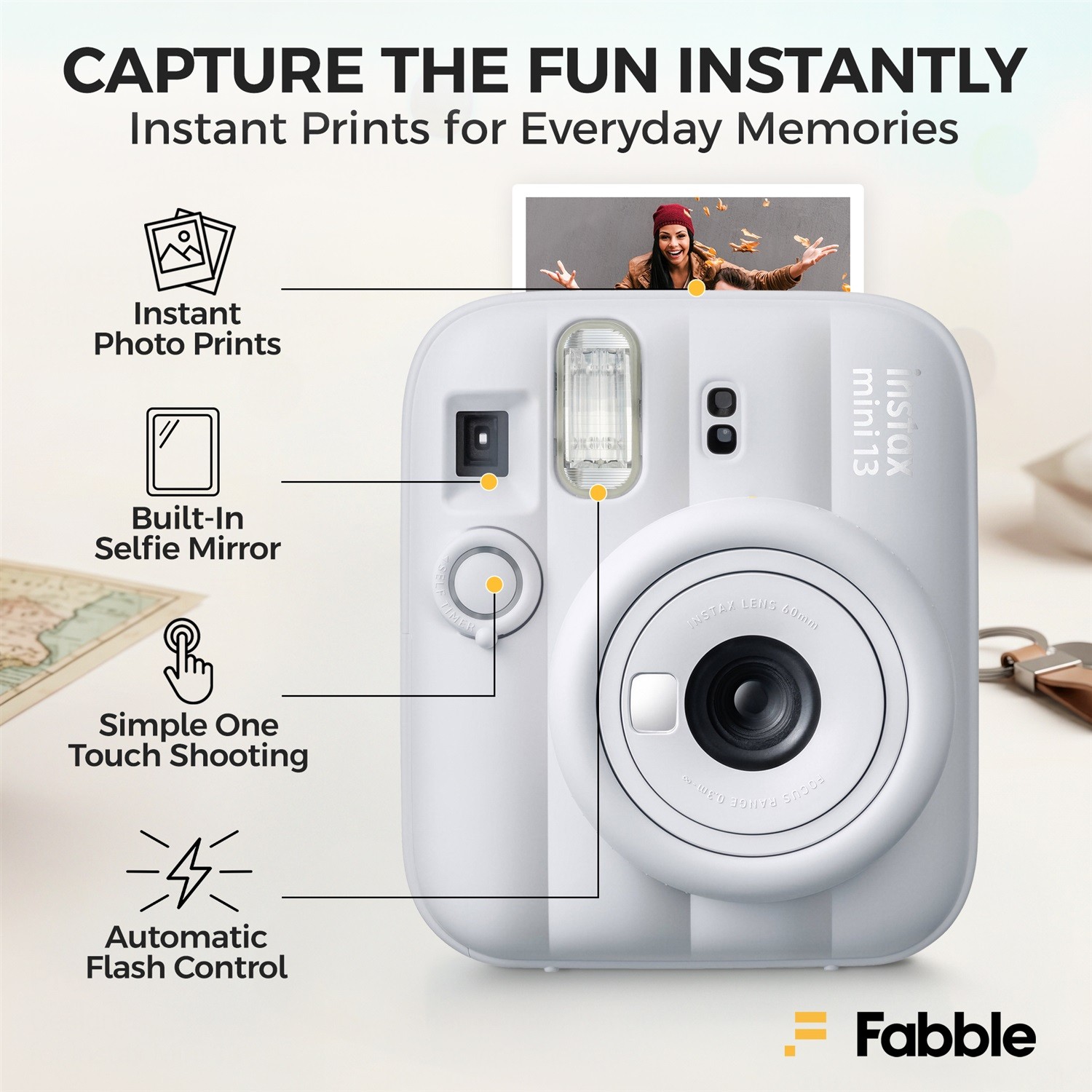 Fujifilm Instax Mini 13 Clay White Camera Bundle with a matching Case & Accs.