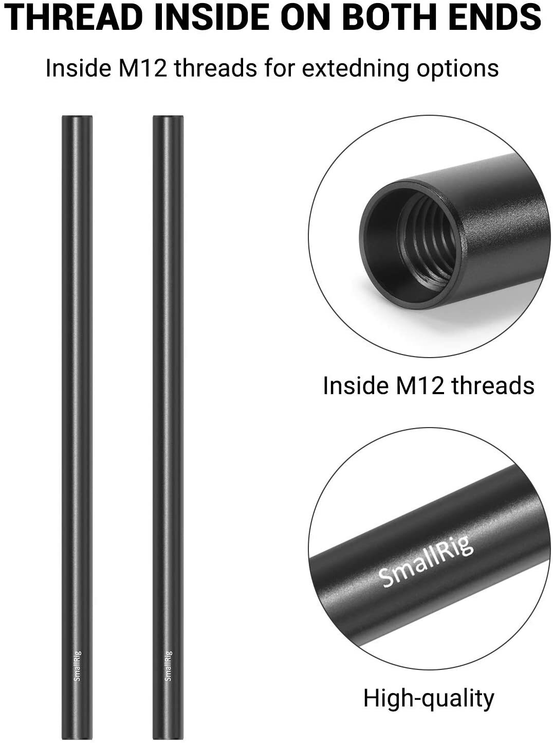SmallRig 15mm Rods 12″ (30 cm) Aluminum Alloy Rods for Camera Rail System-1053