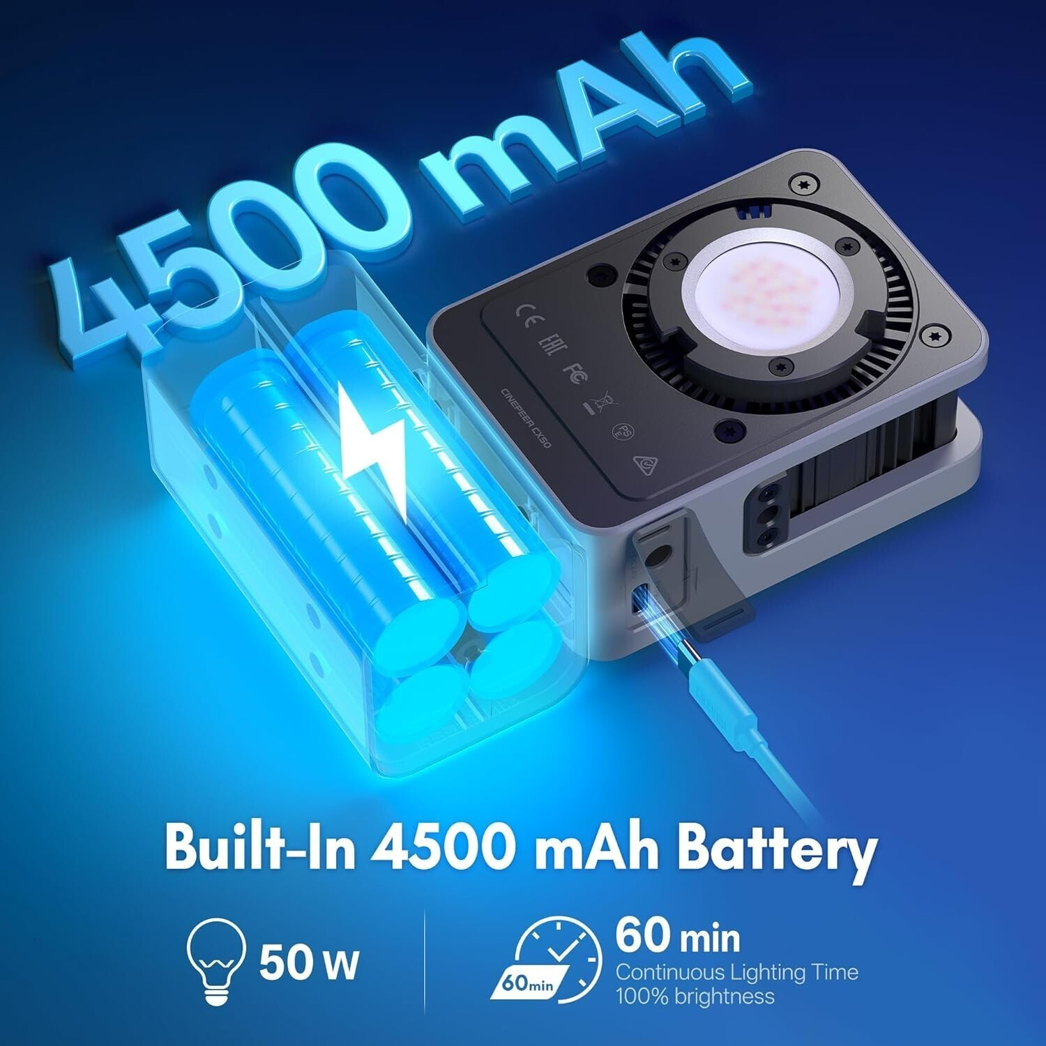 Zhiyun CX50 50W 2700-6500K LED Video Pocket Light Photography Light Grip Battery