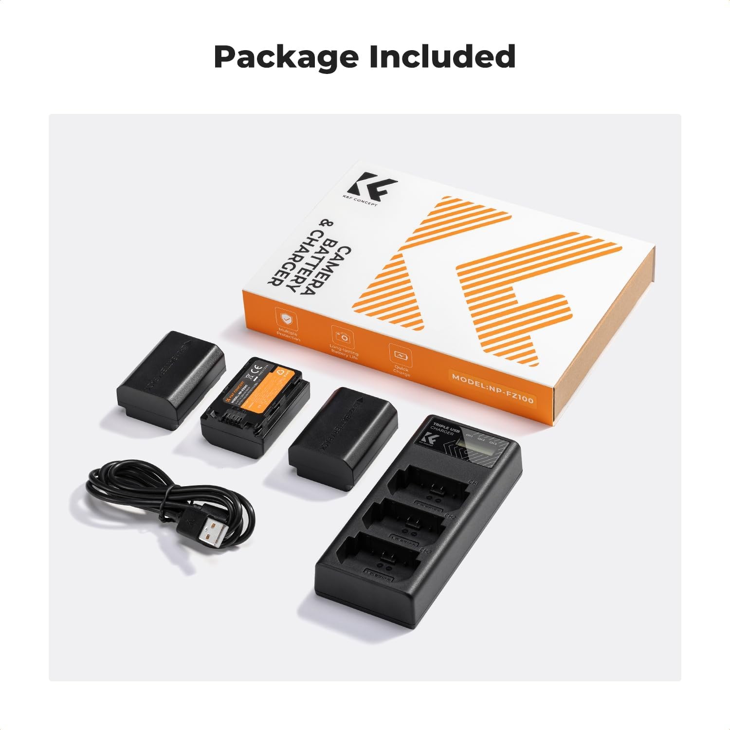 K&F Concept NP-FZ100 Battery and Three Slot Charger for Sony A7iii A7iv A6600