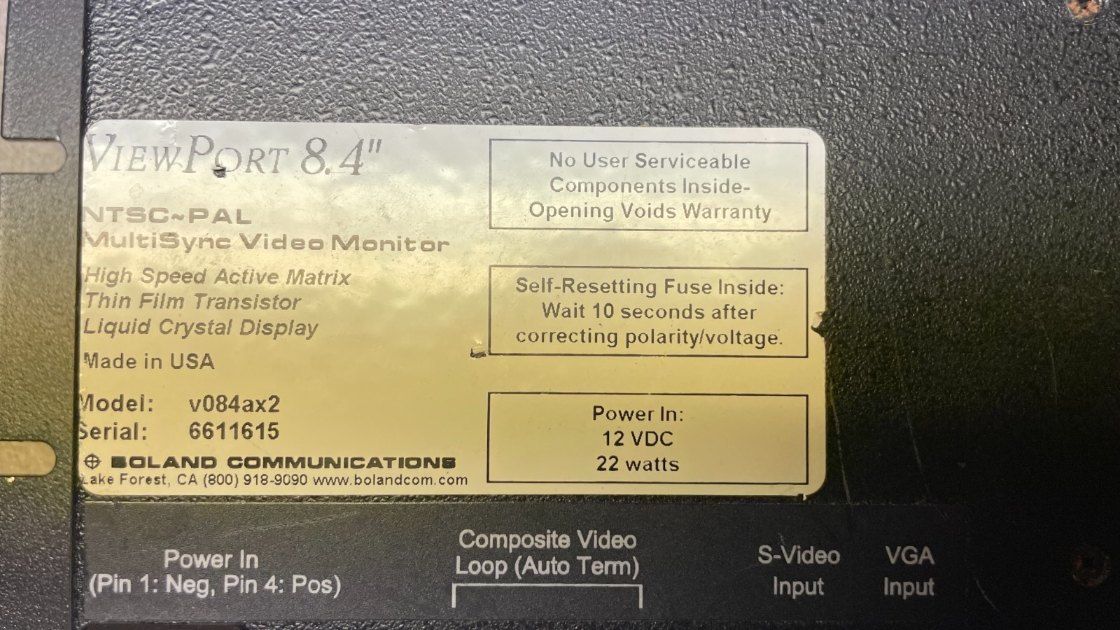 Boland ViewPort 8.4″ Multi Sync Video Monitor Model v084ax2