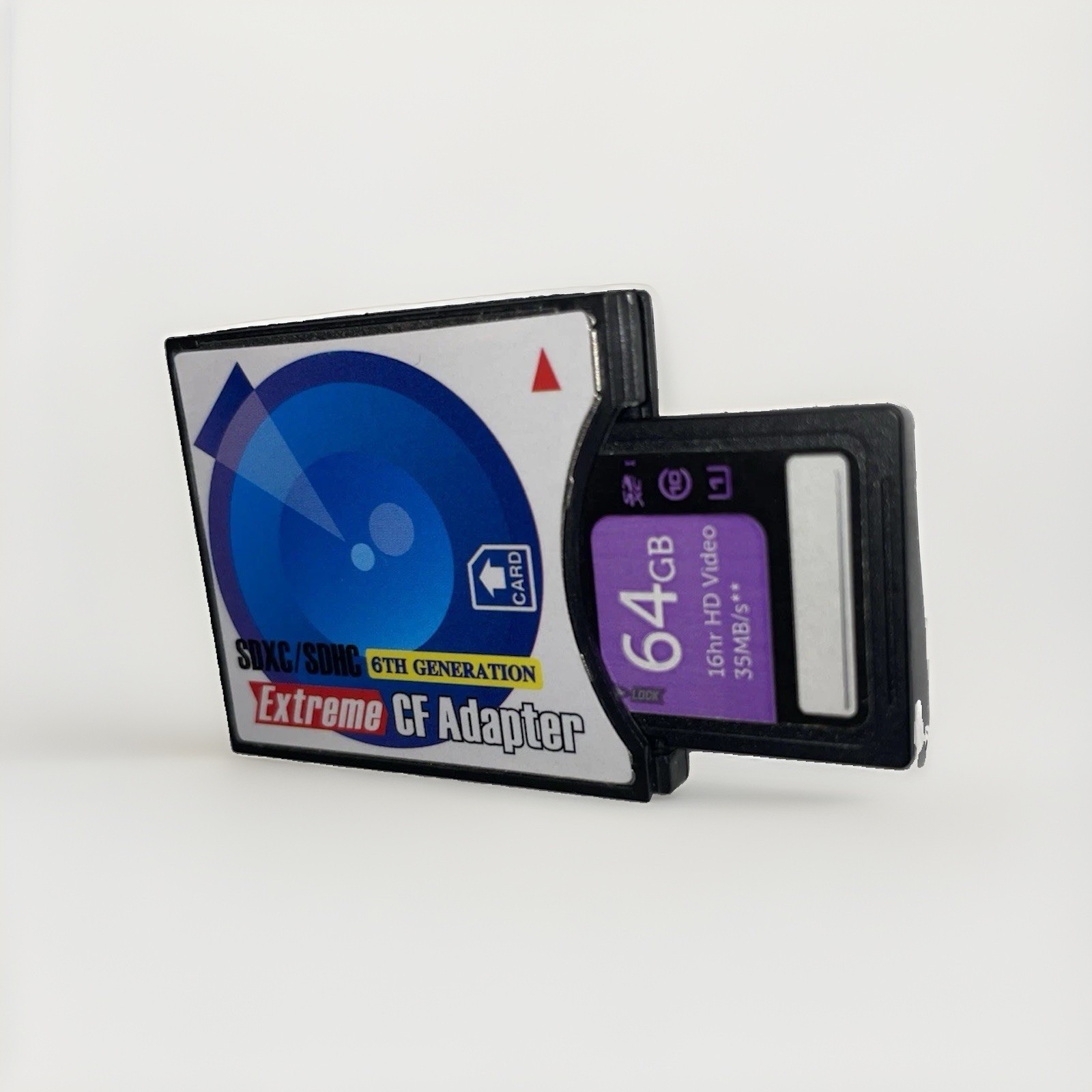 Assorted 64 GB SD card 32, 16 GB CF Memory card plus Exterem CF adapter +Case.