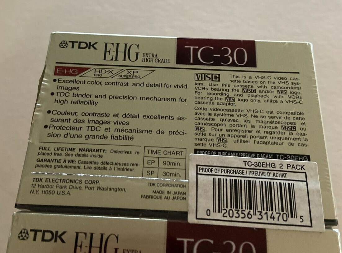 TDK 2 Pack E-HG TC-30 VHS-C Extra High Grade Camcorder Blank Tapes, NEW