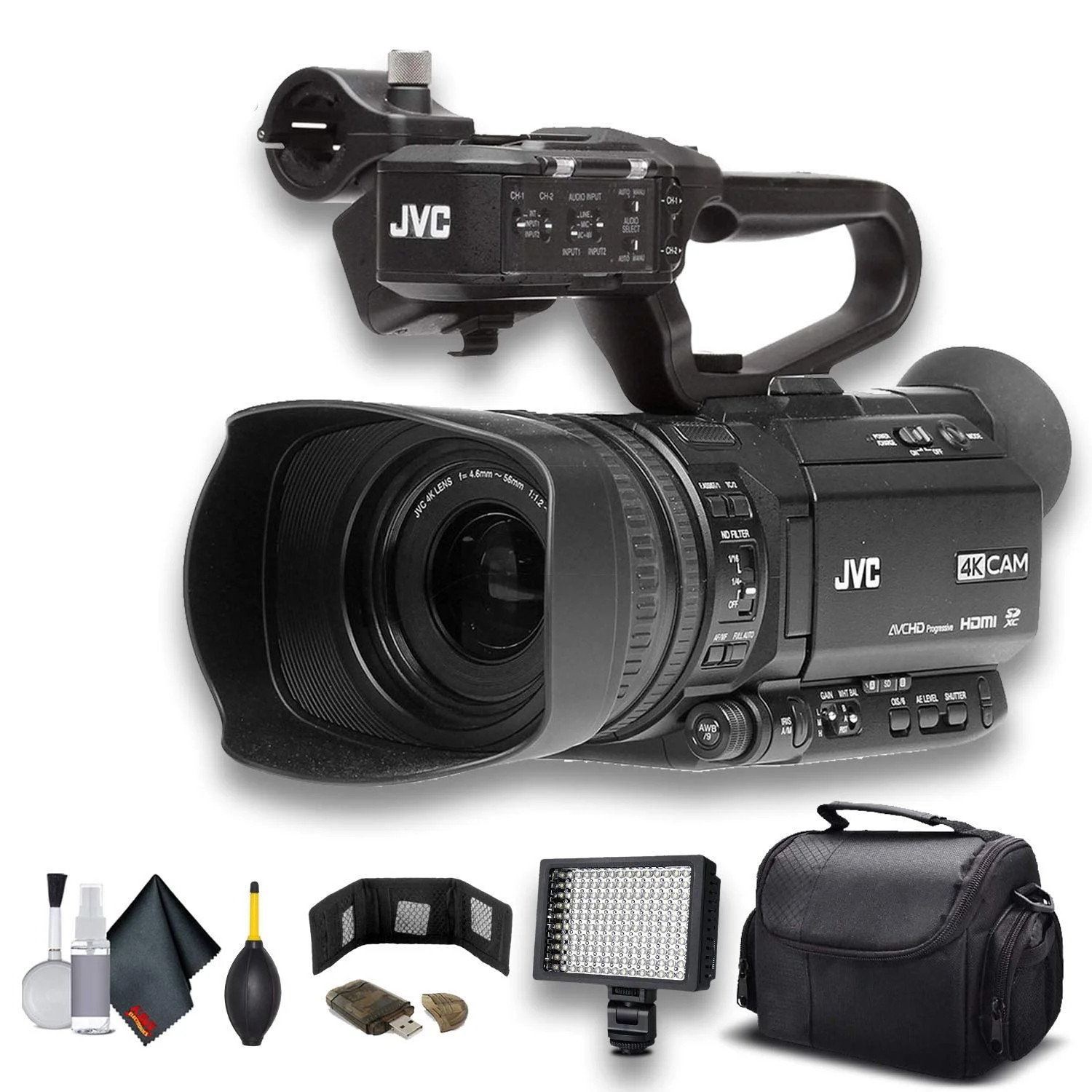 JVC GY-HM250 UHD 4K Streaming Camcorder W/Case, LED Light,Advanced Bundle