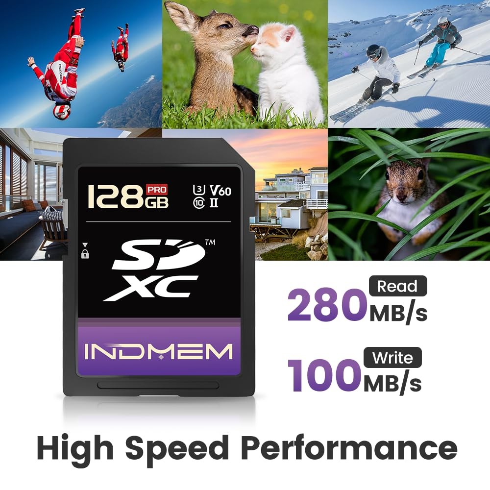 128GB SD Card UHS-II V60 U3 SDXC Memory Card, High Speed Read up to 280MB/s, V60