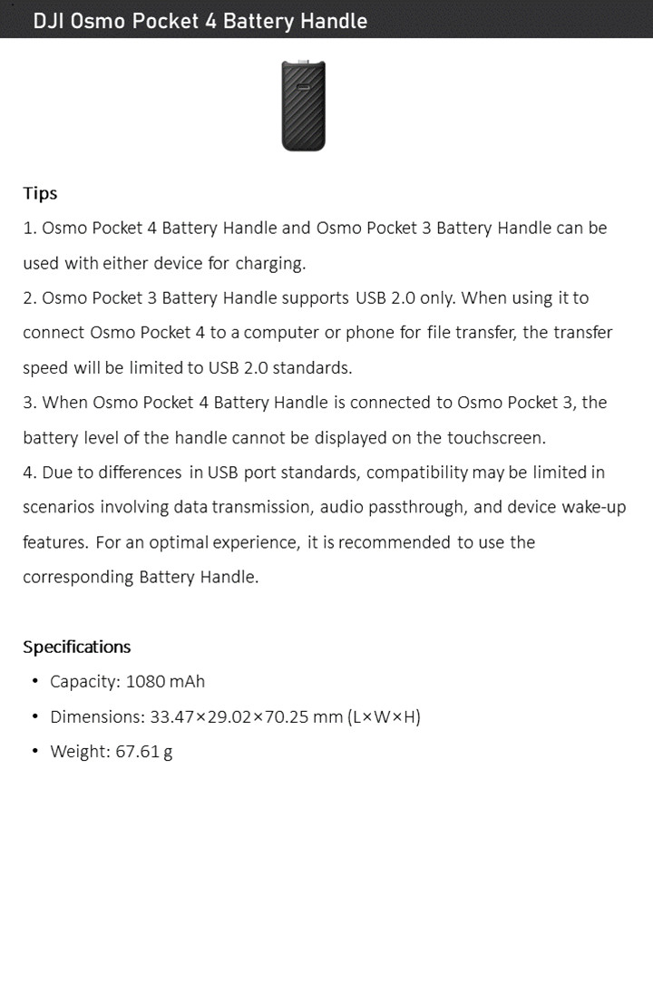 Original DJI Osmo Pocket 4 Battery Handle – 1080mAh, USB-C Audio, Extended Life