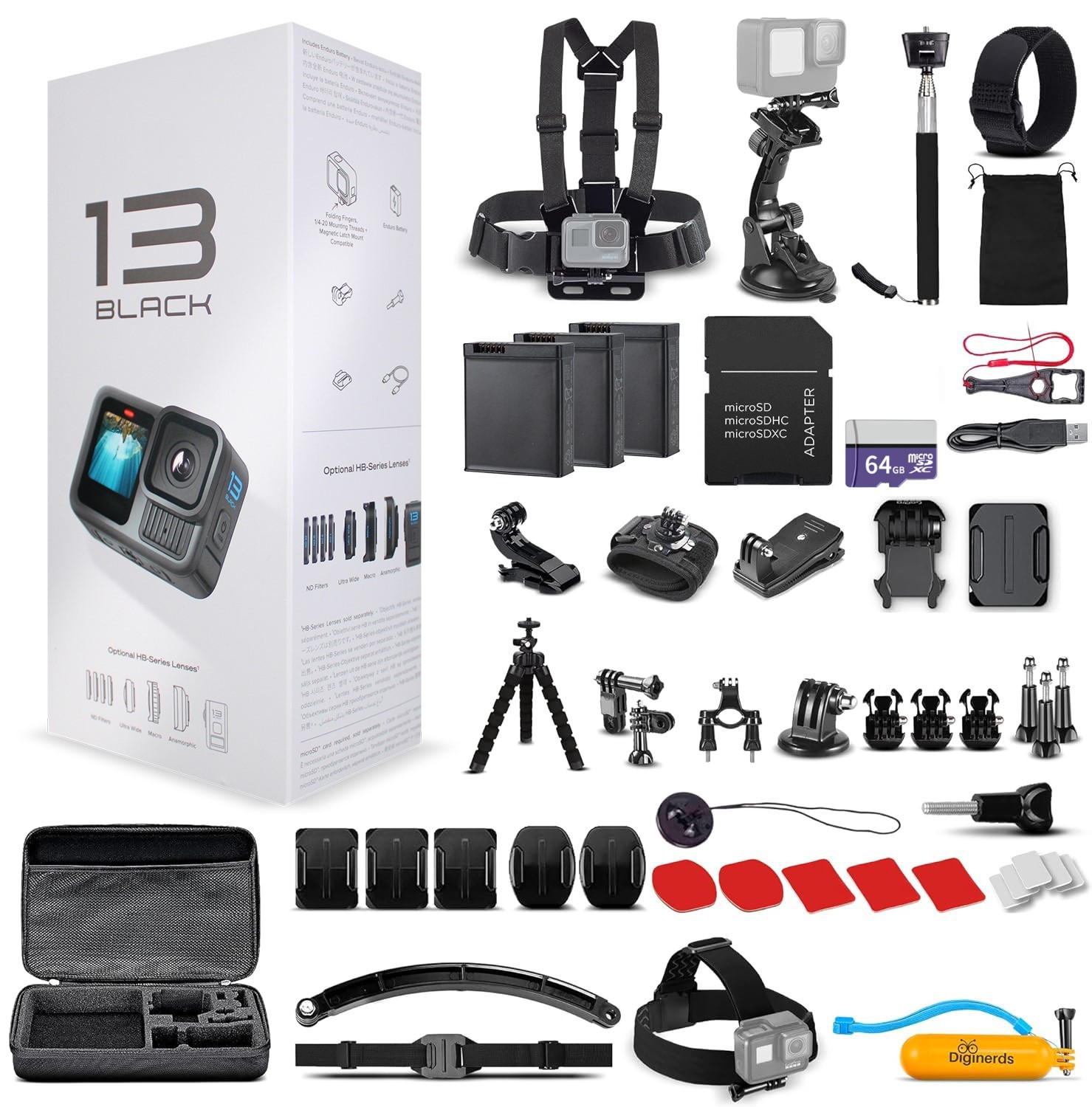 GoPro HERO13 – Action Camera + 64GB Card, 50 Piece Accessory Kit and 2 Batteries