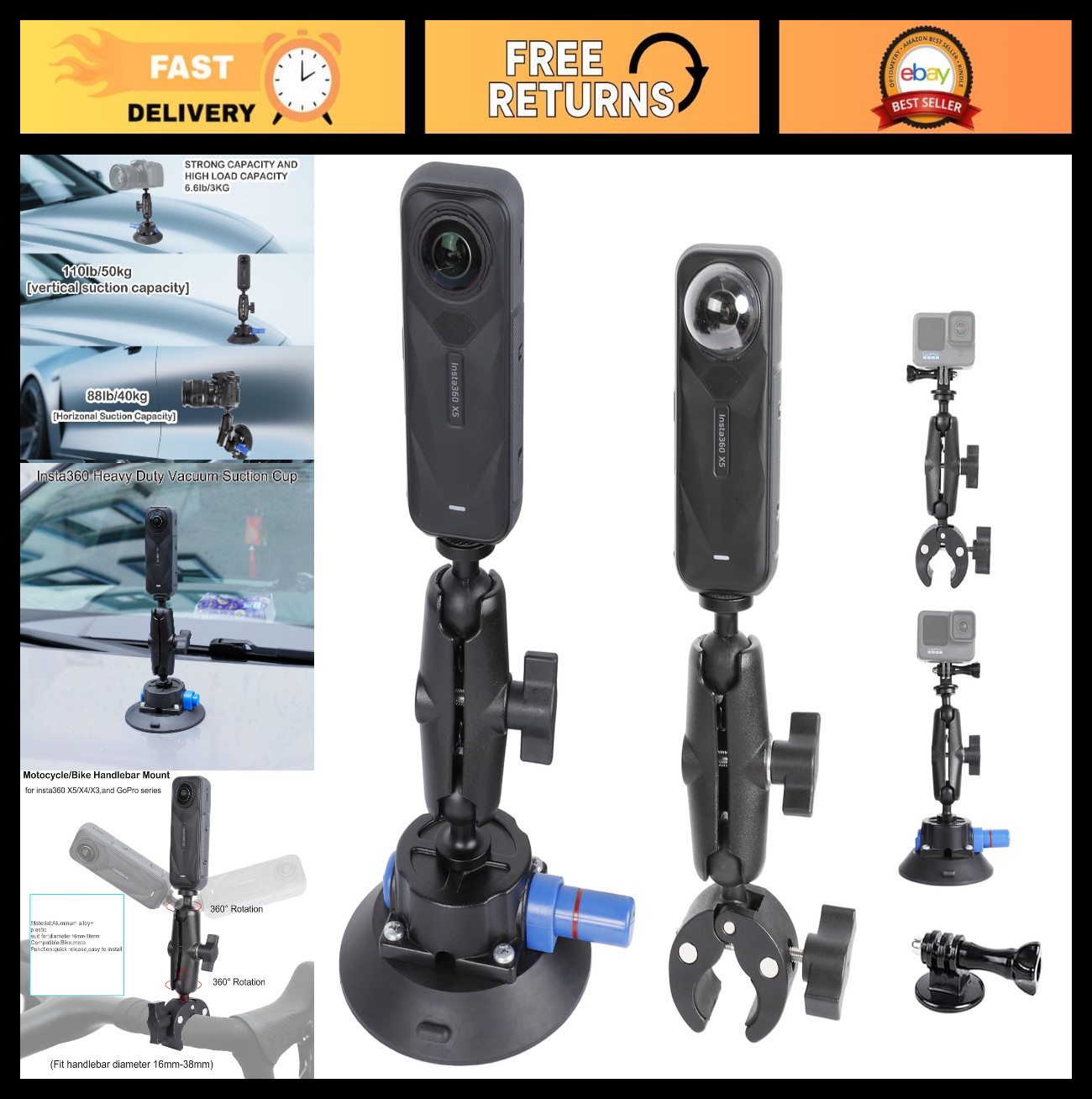 Camera Air Pump Vacuum Suction Cup Handlebar Mount Kit for Insta360 & GoPro – 36
