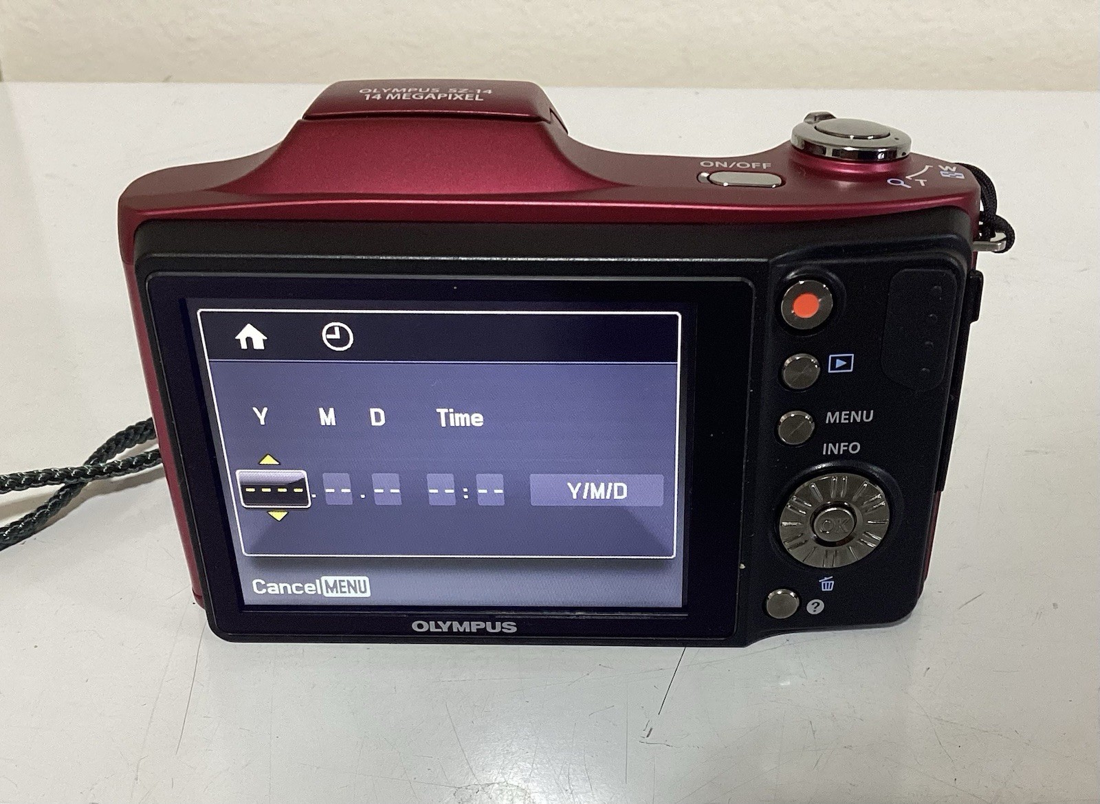 OLYMPUS SZ-14 RED DIGITAL CAMERA W/ BATTERY, CHARGER, SD CARD, & POUCH—VERY NICE