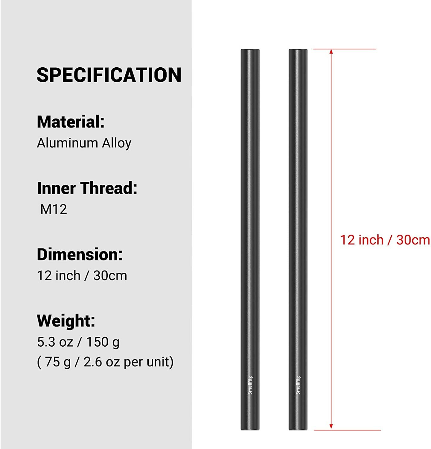 SmallRig 15mm Rods 12″ (30 cm) Aluminum Alloy Rods for Camera Rail System-1053