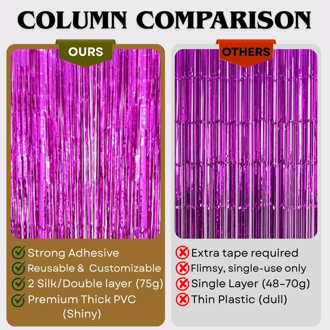 3 PCS 3.6×7.3ft Dark Pink Foil Fringe Curtains Tinsel Backdrop Party Decor