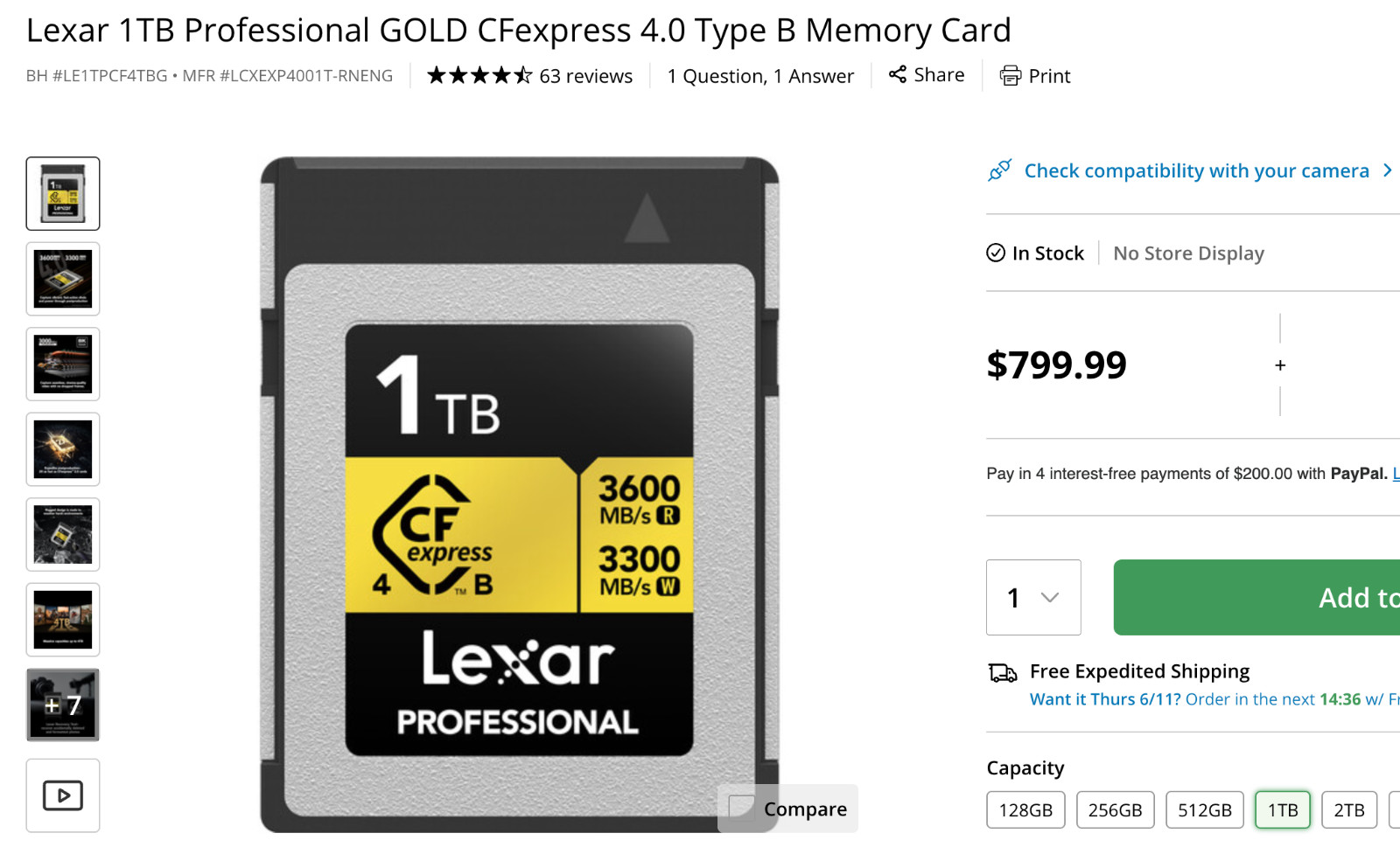 Lexar 1TB Professional Gold CFexpress 4.0 Type B Card