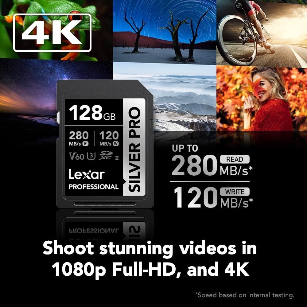 128GB Professional SILVER PRO SD Card, UHS-II, C10, U3, V60, Full HD, 4K, Up …