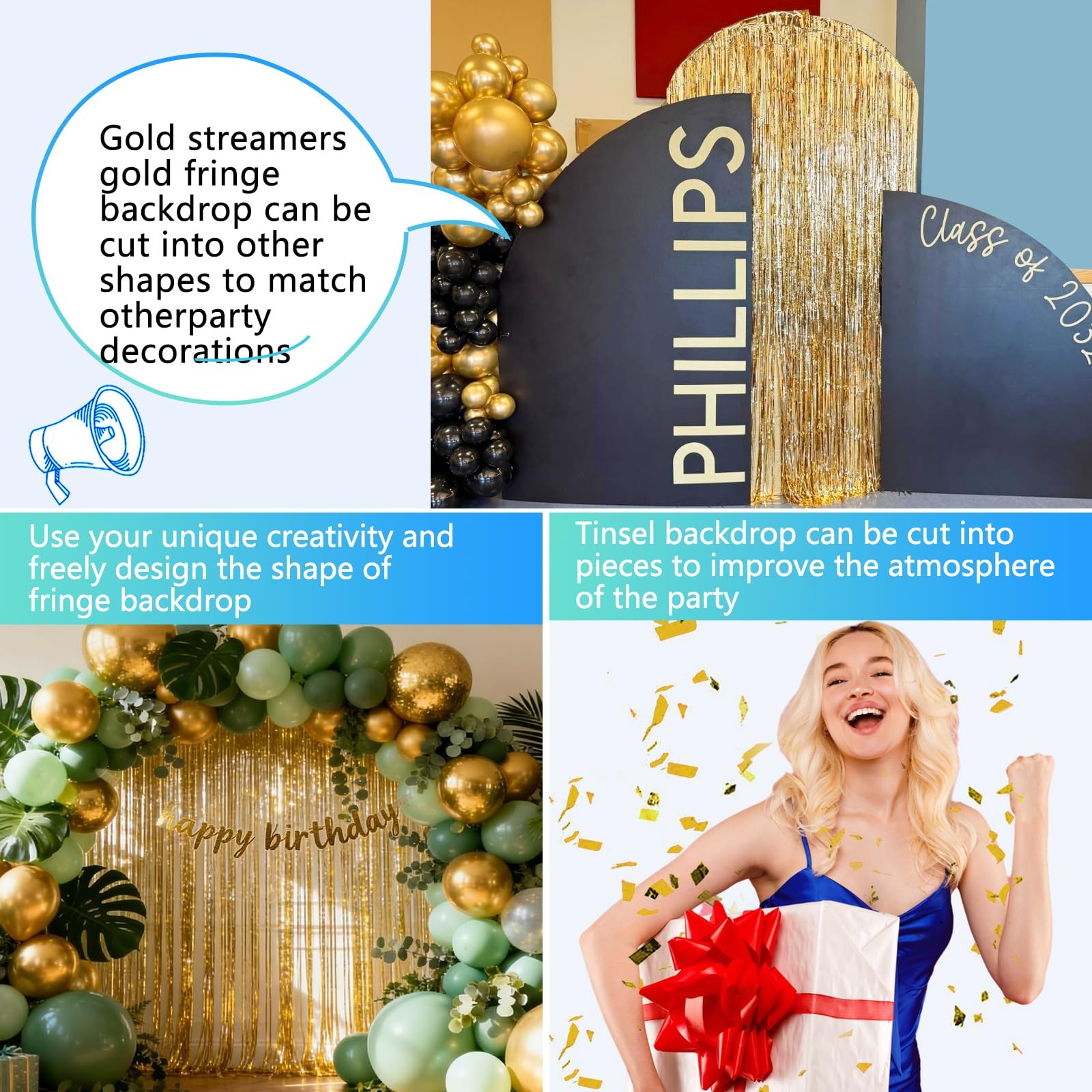 2 PCS Gold Foil Fringe Backdrop Curtains 3.3×8.2ft New Years Eve Decor