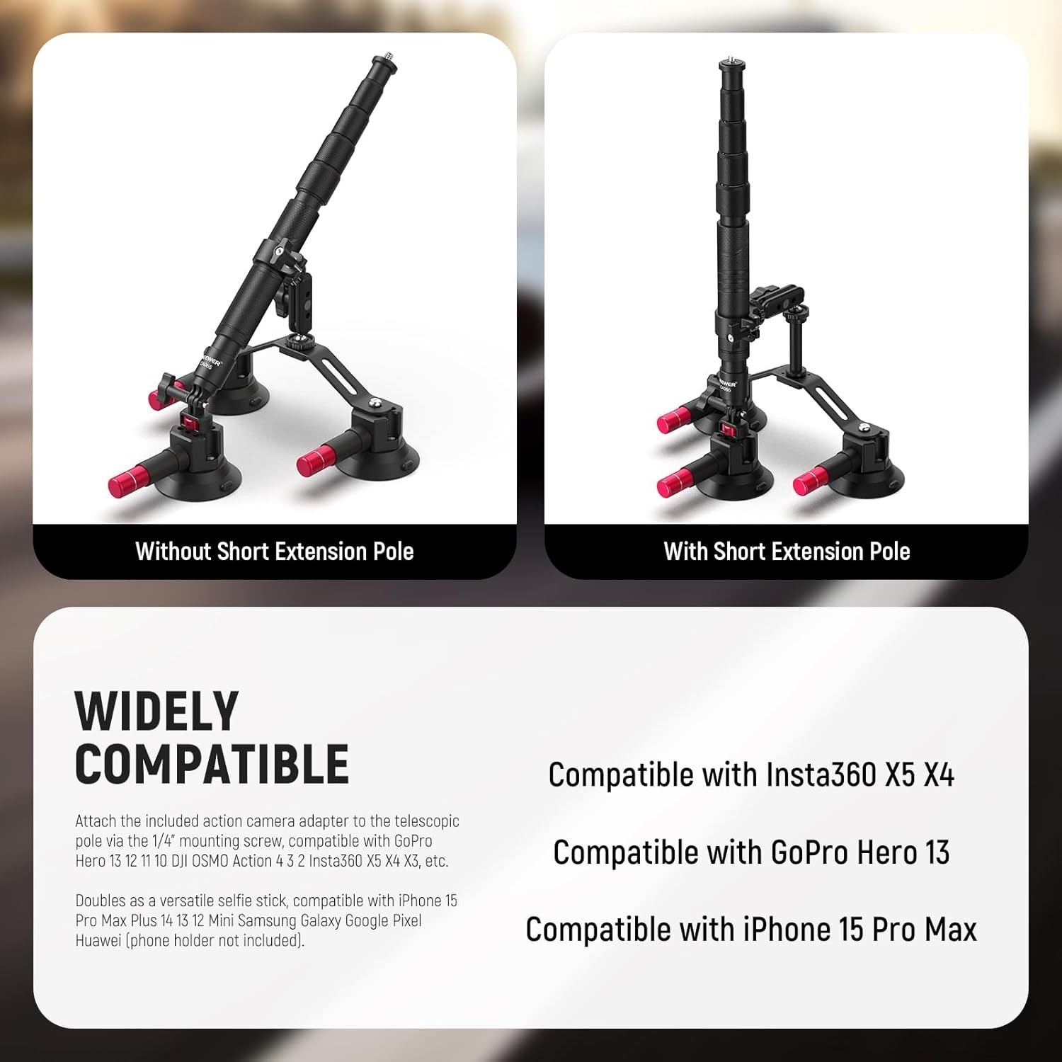 Triple Suction Cup Car Mount Compatible with Insta360 X5 X4 Gopro DJI OSMO 360 C