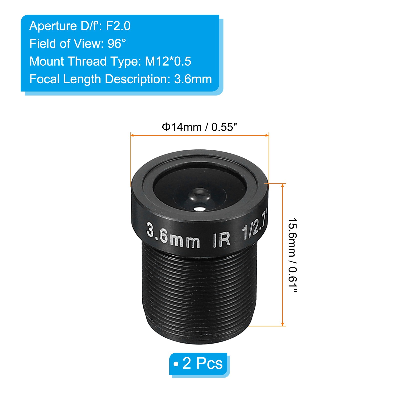 2Pcs 3.6mm CCTV Camera Lens F2.0 Security Camera Lens 96° Wide Angle Lens