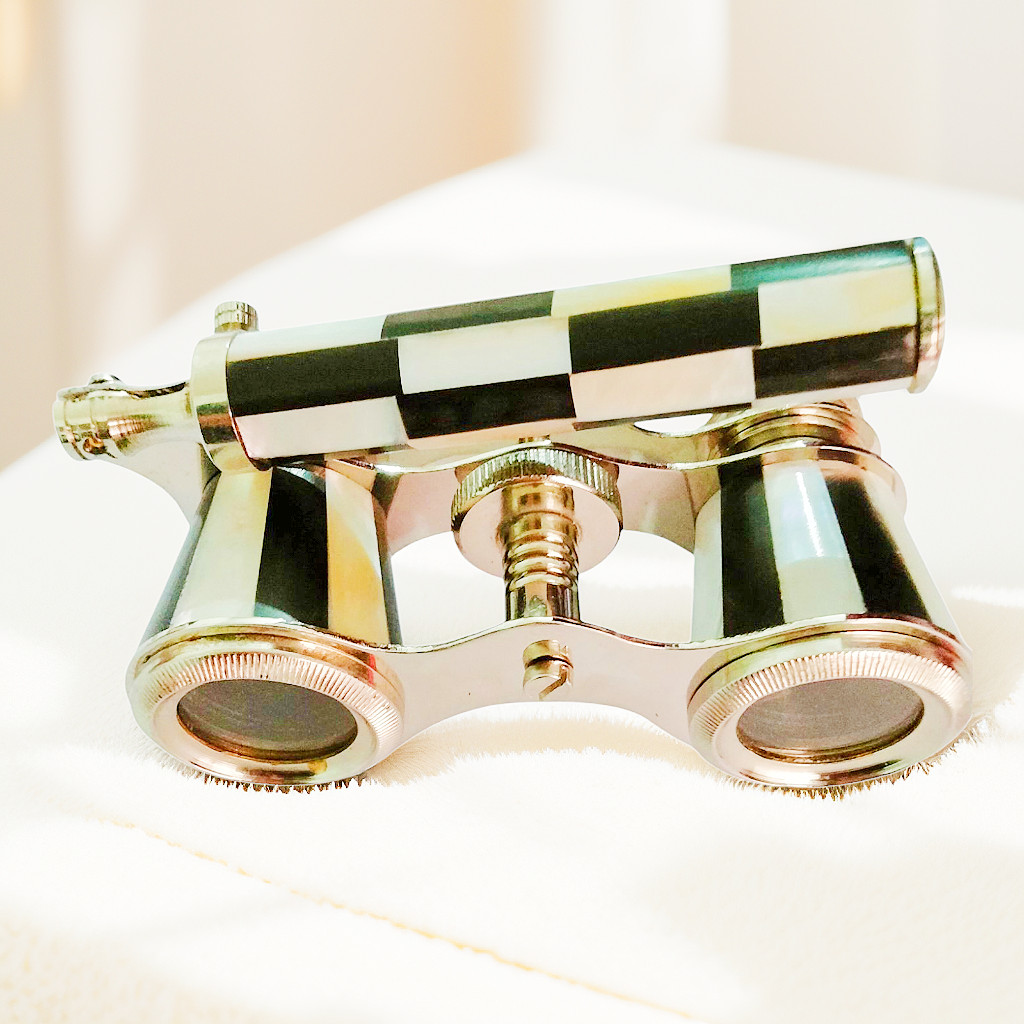 Vintage Opera Glasses Nickel Chrome Binoculars White Mother of Pearl & Black