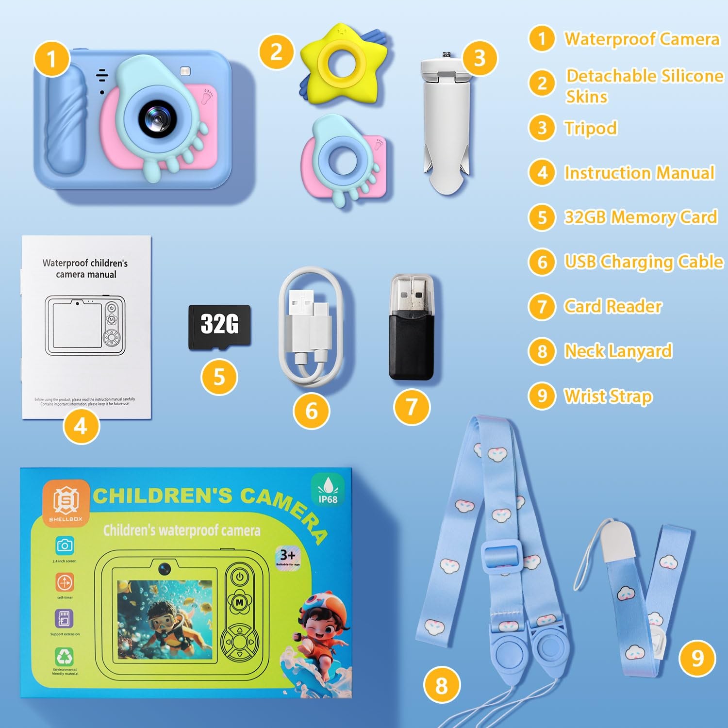 Underwater Camera Kids IP68 Waterproof 48MP Dual Lens 1080P Video Sky Blue