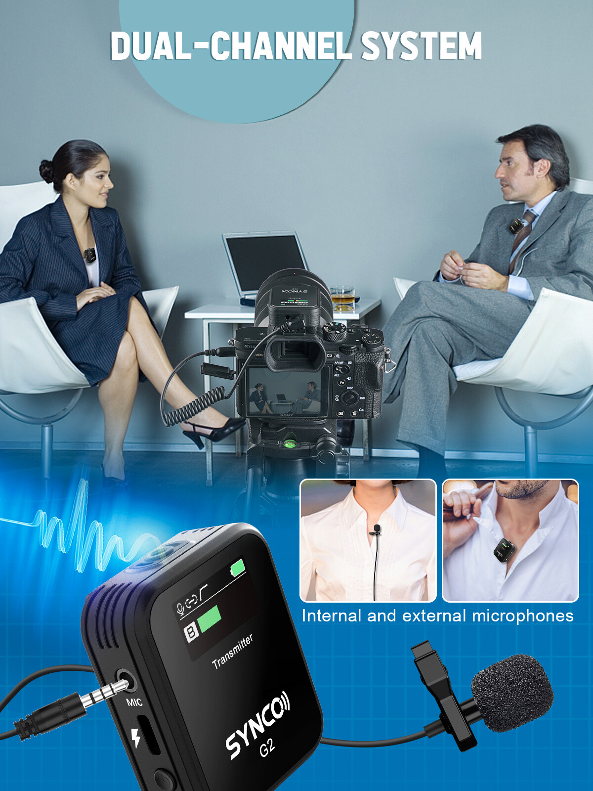 SYNCO G2(A2) Wireless Lavalier Microphone Dual-Channel Lapel Mic for DSLR Camera