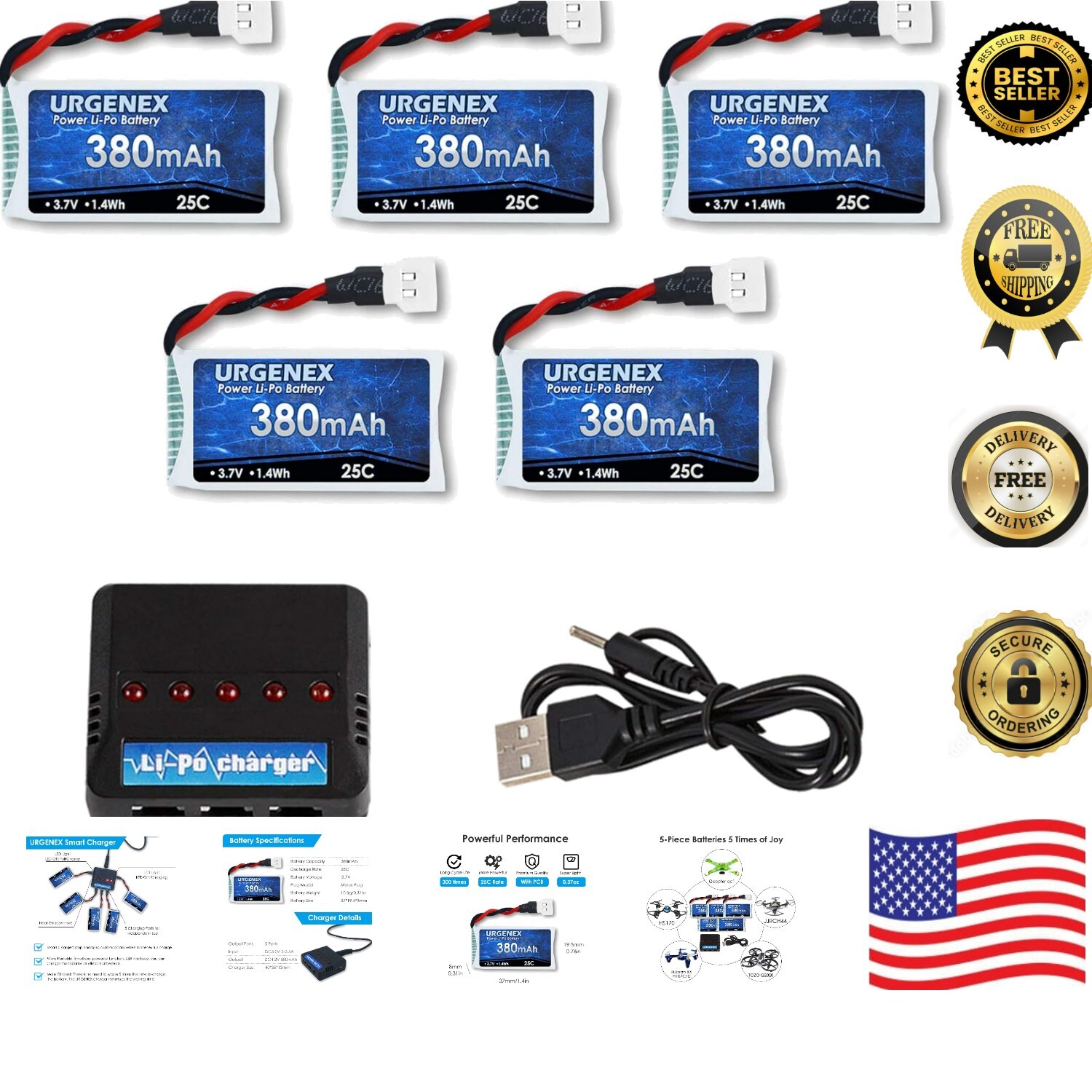 Convenient 5in1 Charger with 380mAh 3.7V Lipo Battery Set – Drone Power Kit