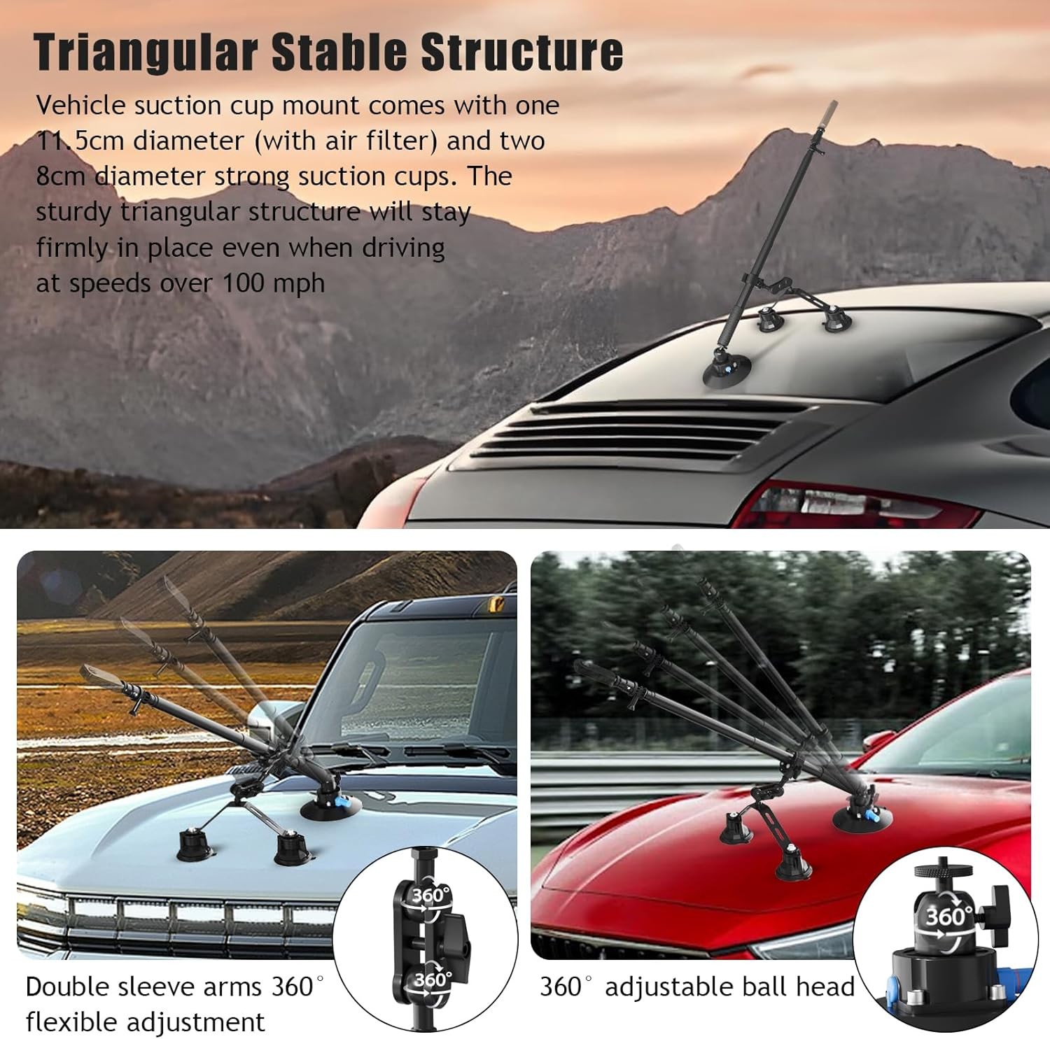 Triple Strong Suction Cup Camera Car Mount for Insta360, with 2In1 Extension Pol