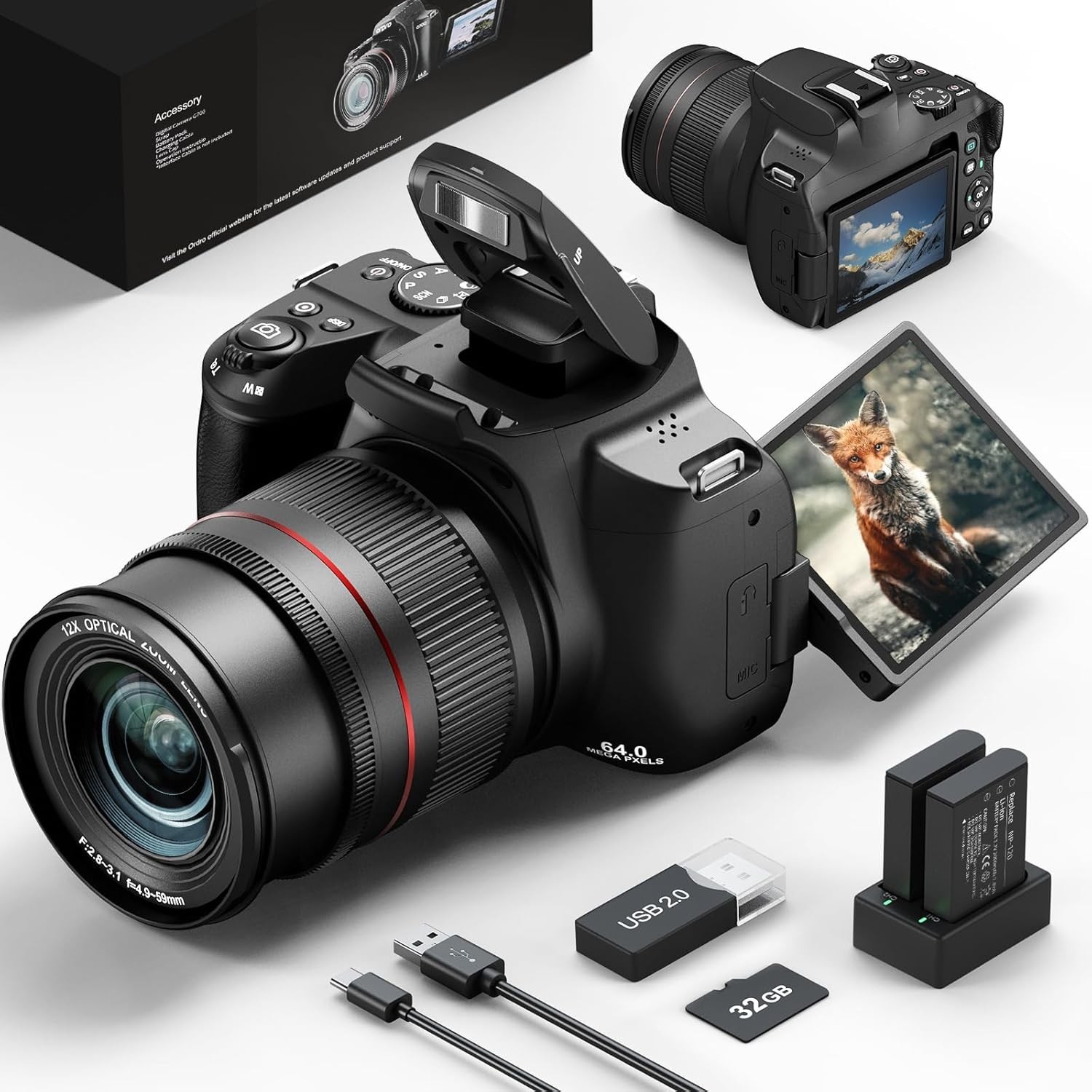 64MP 4K Digital Cameras 12X Optical Zoom with WiFi & App Control for Vlogging