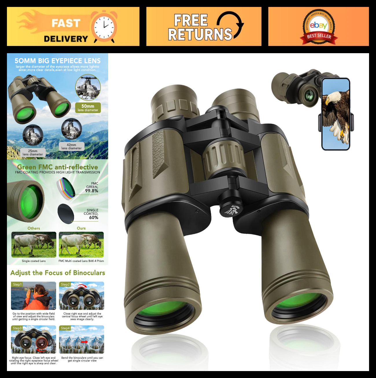 High-Powered 20×50 Waterproof Binoculars for Bird Watching, Hunting, Stargazing