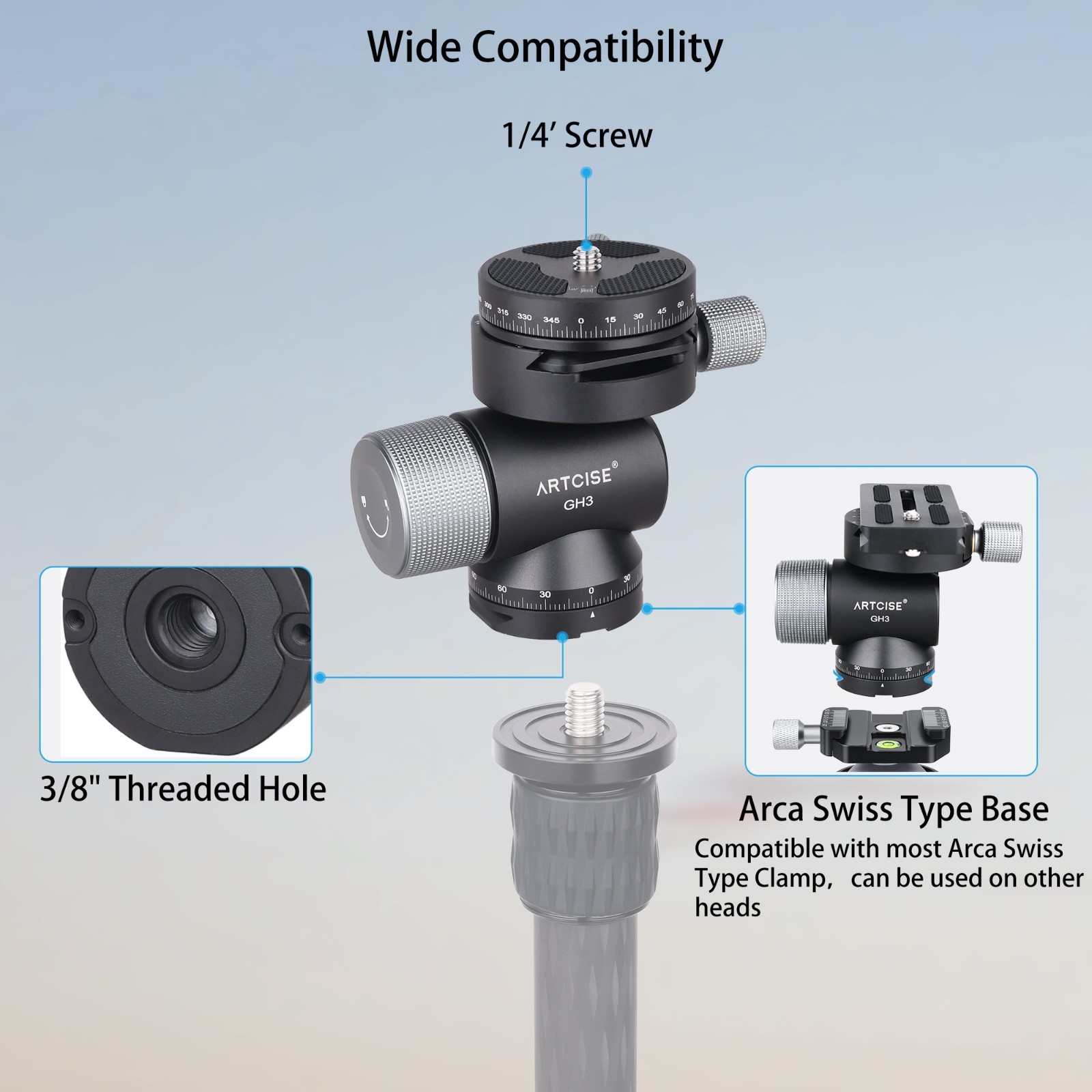 ARTCISE LB44 Panorama All metal Low Profile Tripod Head Ball head fr Camera DLSR