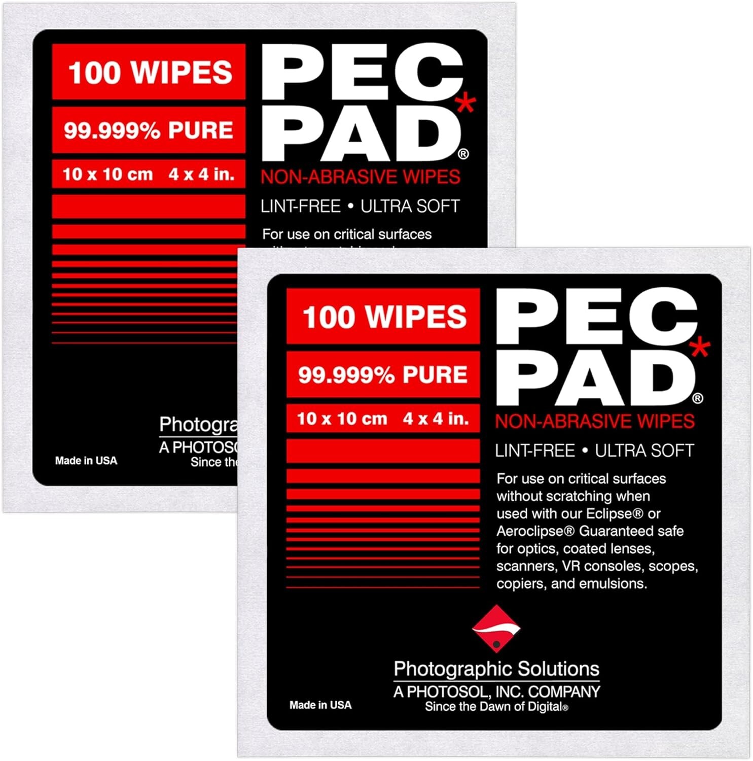 2PK PEC-PAD Lint Free Wipes 4”x4” 100PK -Non-Abrasive Cleaning Cloth for Cameras