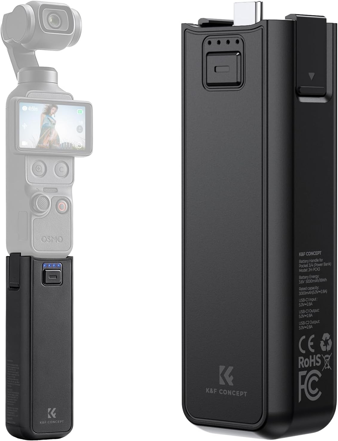 K&F CONCEPT 5000mAh Battery Handle Grip USB-C Charging for DJI Pocket 3/Pocket 4