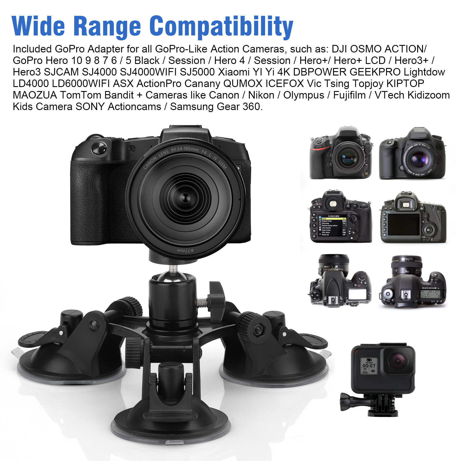 Car Mount Holder For GoPro Sony DJI OSMO Action Camera Triple Suction Cup Stand