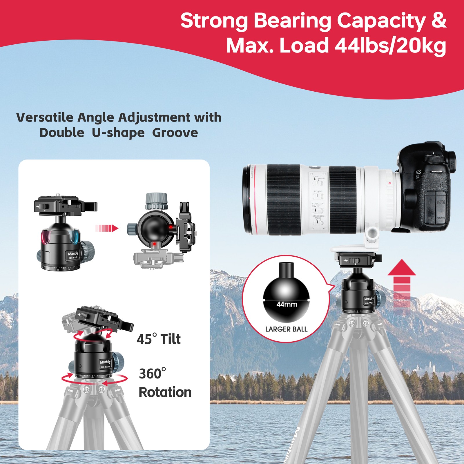 Manbily 360° Ball Head for shooting&Camera with Picatinny Arca Swiss adapter NEW