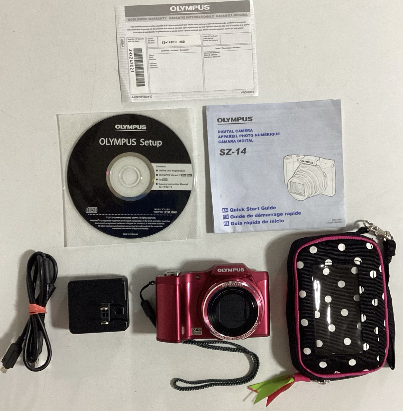 OLYMPUS SZ-14 RED DIGITAL CAMERA W/ BATTERY, CHARGER, SD CARD, & POUCH—VERY NICE