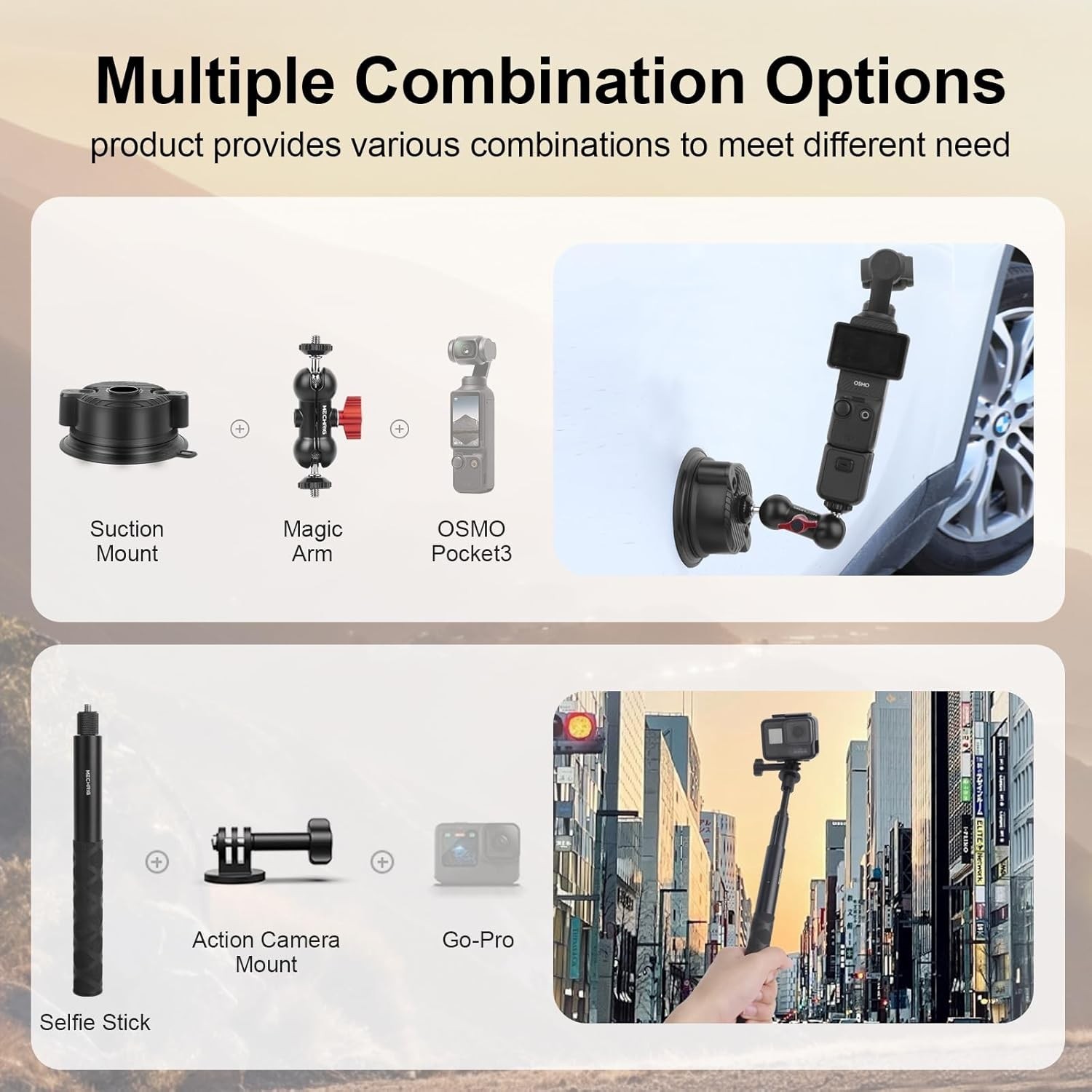 Versatile Camera Suction Cup Car Mount Kit with Telescopic Extension Pole & 360°