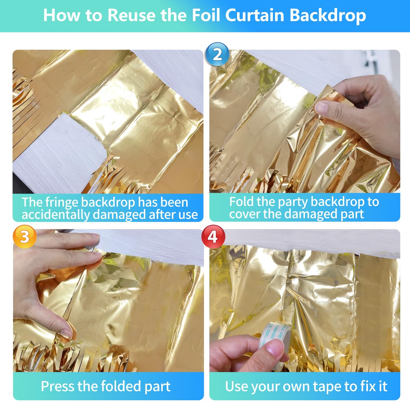2 PCS Gold Foil Fringe Backdrop Curtains 3.3×8.2ft New Years Eve Decor