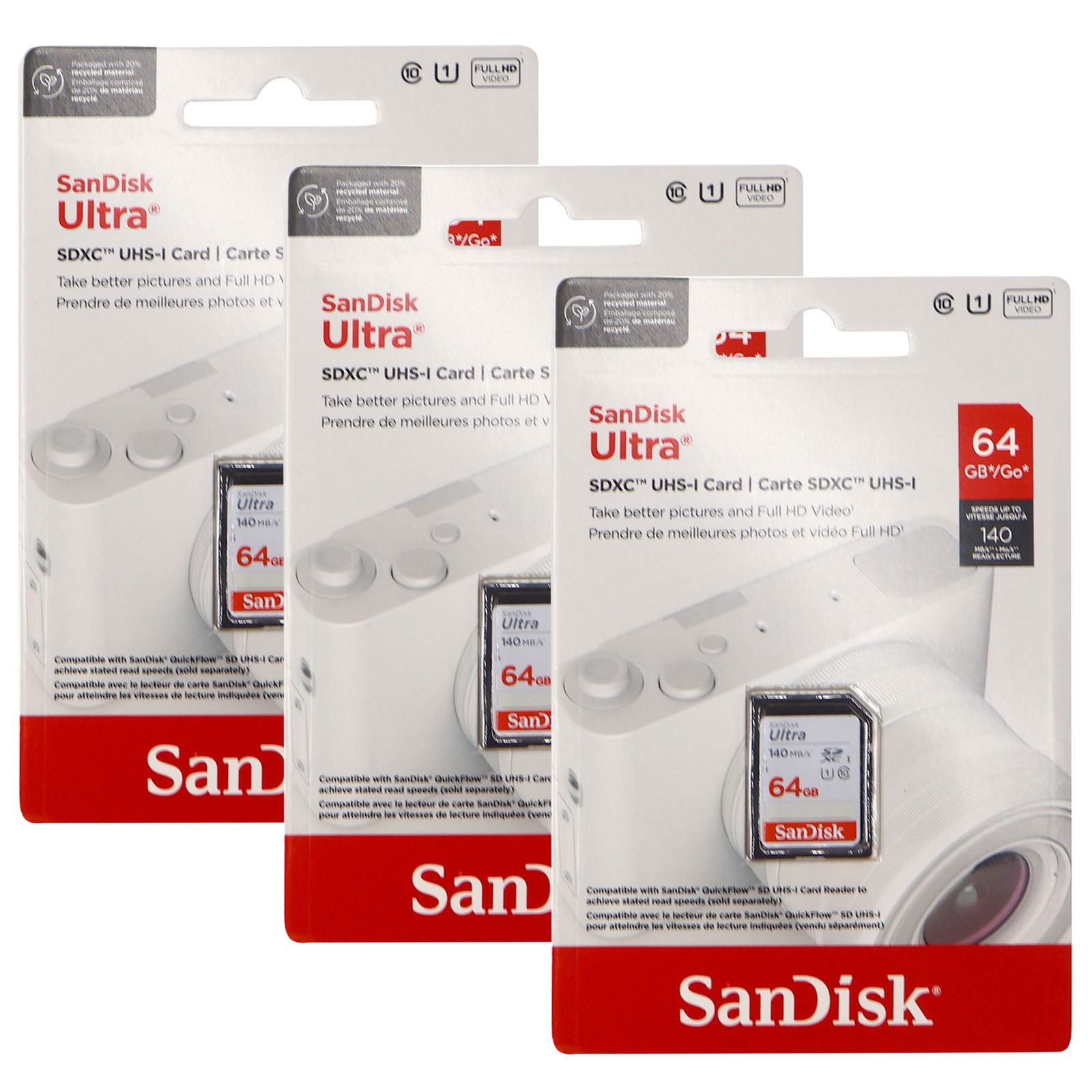 3x SanDisk 64GB Ultra SDXC UHS-I Memory Card – Up to 140MB/s
