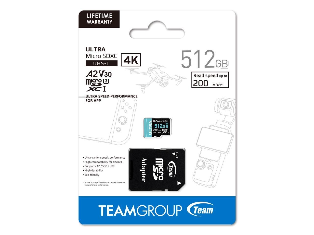 Team 512GB Ultra-Fast microSDXC UHS-I/U3 Memory Card with Adapter, compatible wi