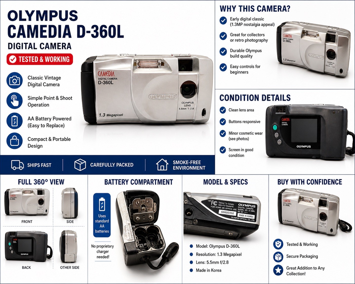 Olympus D-360L Camedia 1.3 MP with 5.5mm Lens CCD Digital Camera – TESTED WORKS