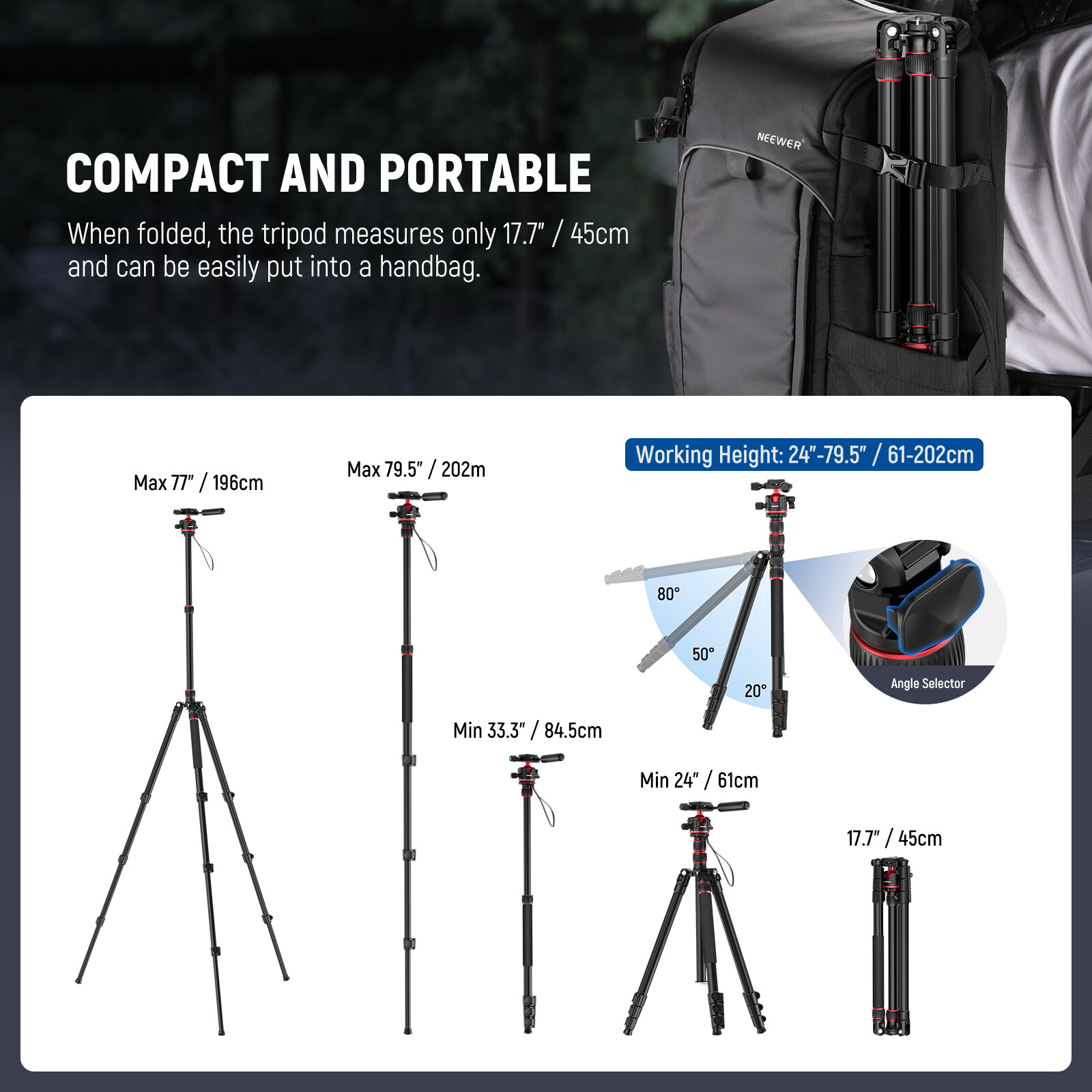 NEEWER 77″/196 cm Camera Tripod Monopod Travel DSLR Video Stand 360° Ball Head