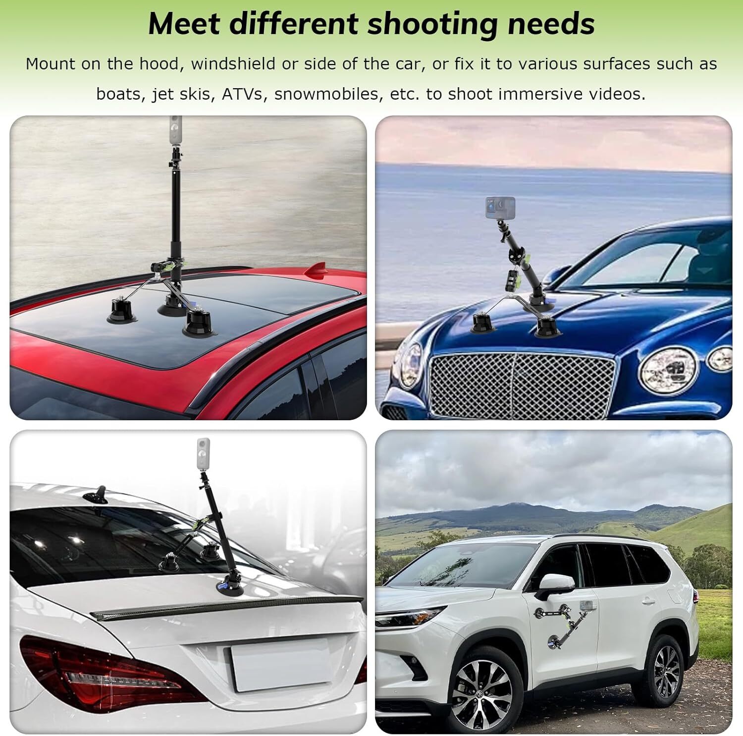 Triple Suction Cup 360 Camera Car Mount,with 2in1 Extension Pole/Selfie Stick