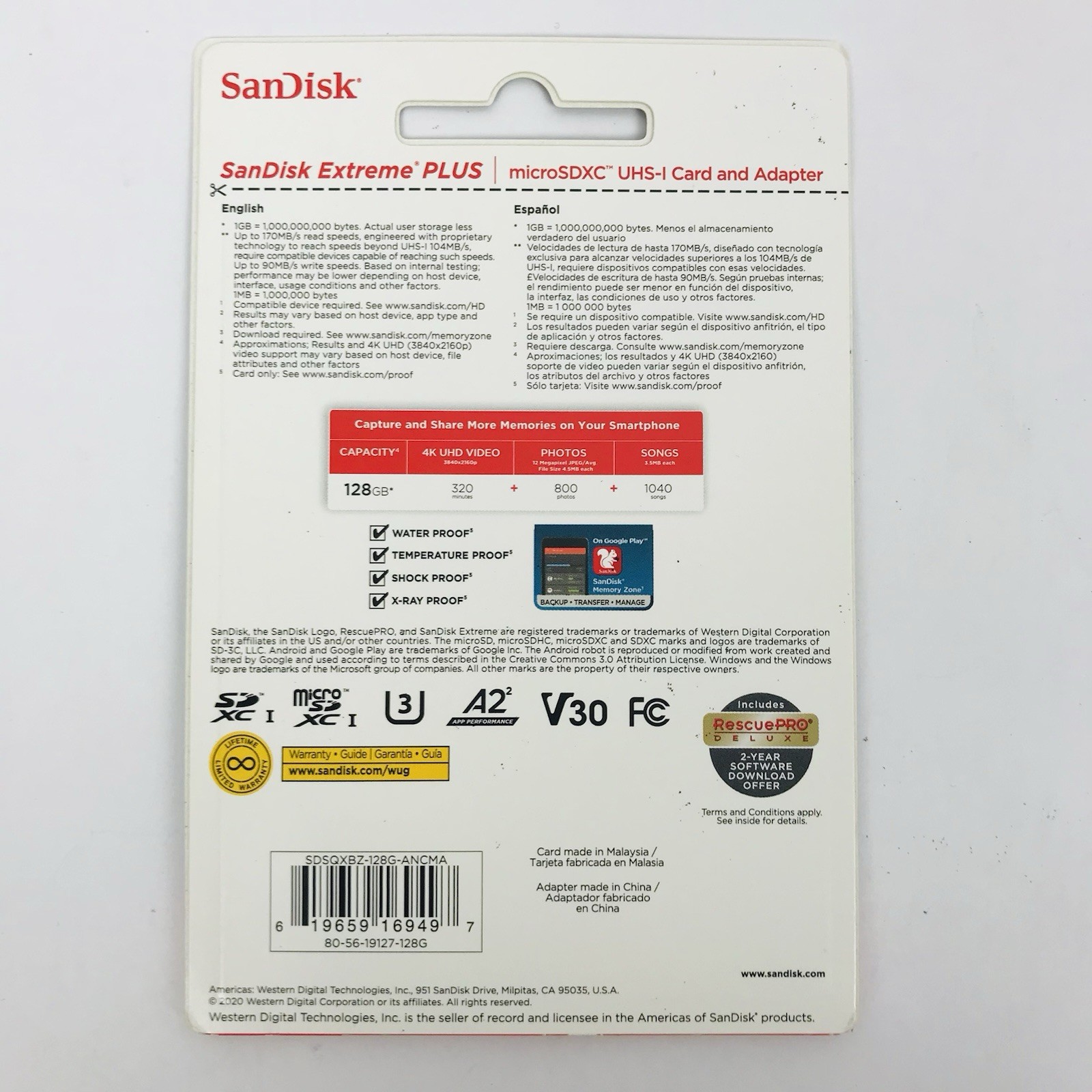 SanDisk Extreme Plus A2 128GB MicroSDXC UHS-I Memory Card C10 U3 V30 SDSQXBZ-128