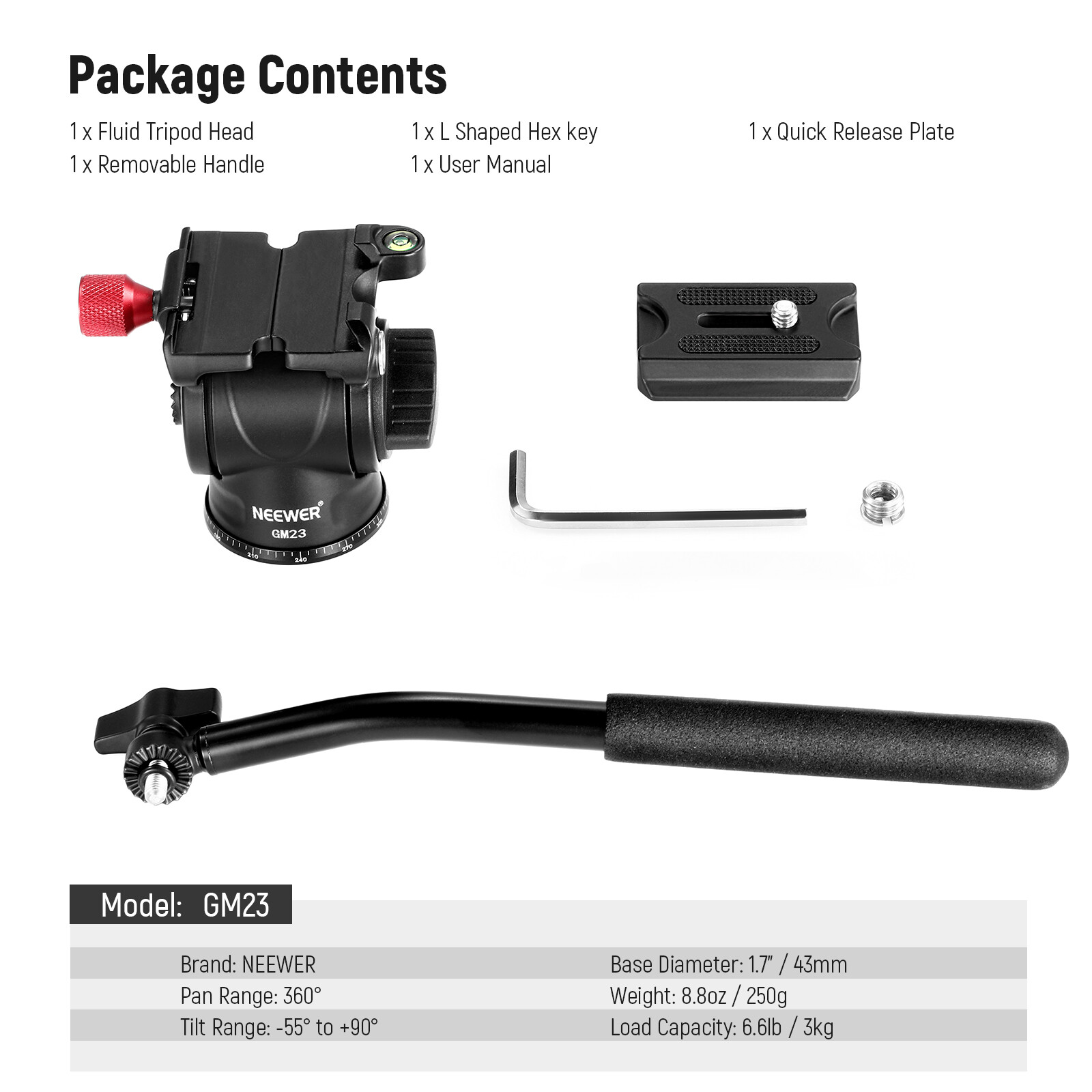 NEEWER Fluid Tripod Head with Handle & Arca Type QR,Panorama Drag Pan Tilt Head