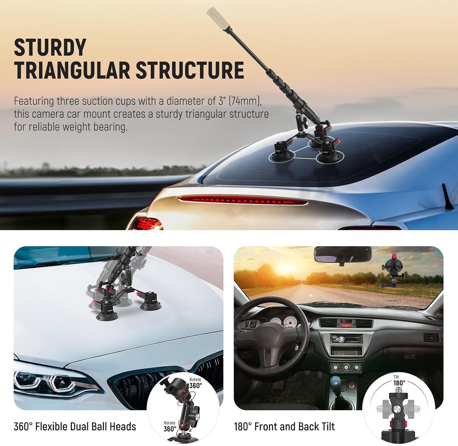 Triple Suction Cup Car Mount Compatible with Insta360 X5 X4 Gopro DJI OSMO 360 C