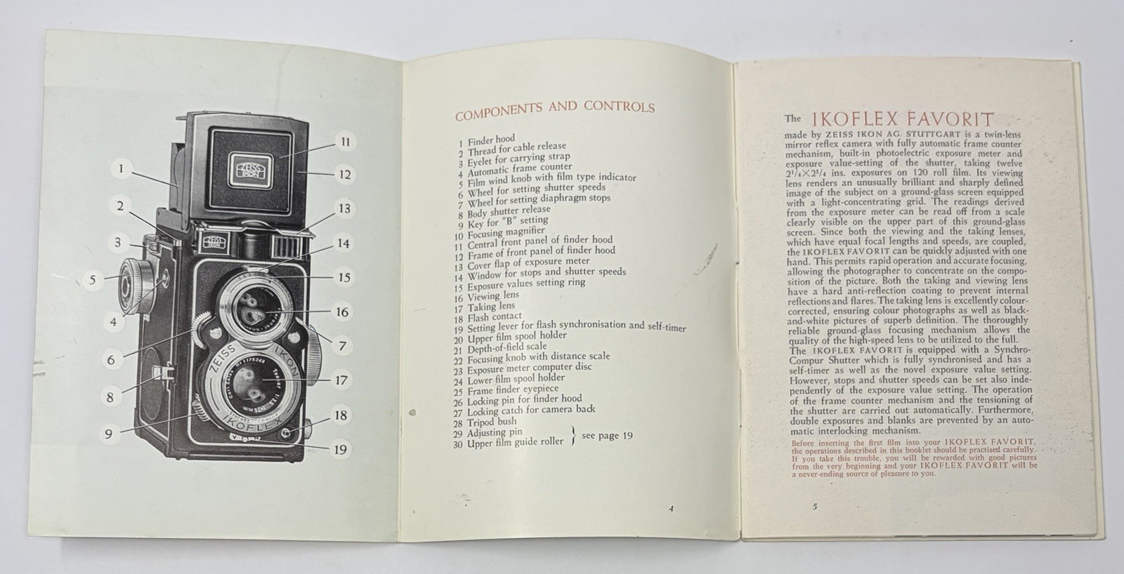 1950’s Zeiss Ikon Ikoflex Favorit Instruction Book Manual (319/887/16) Vintage